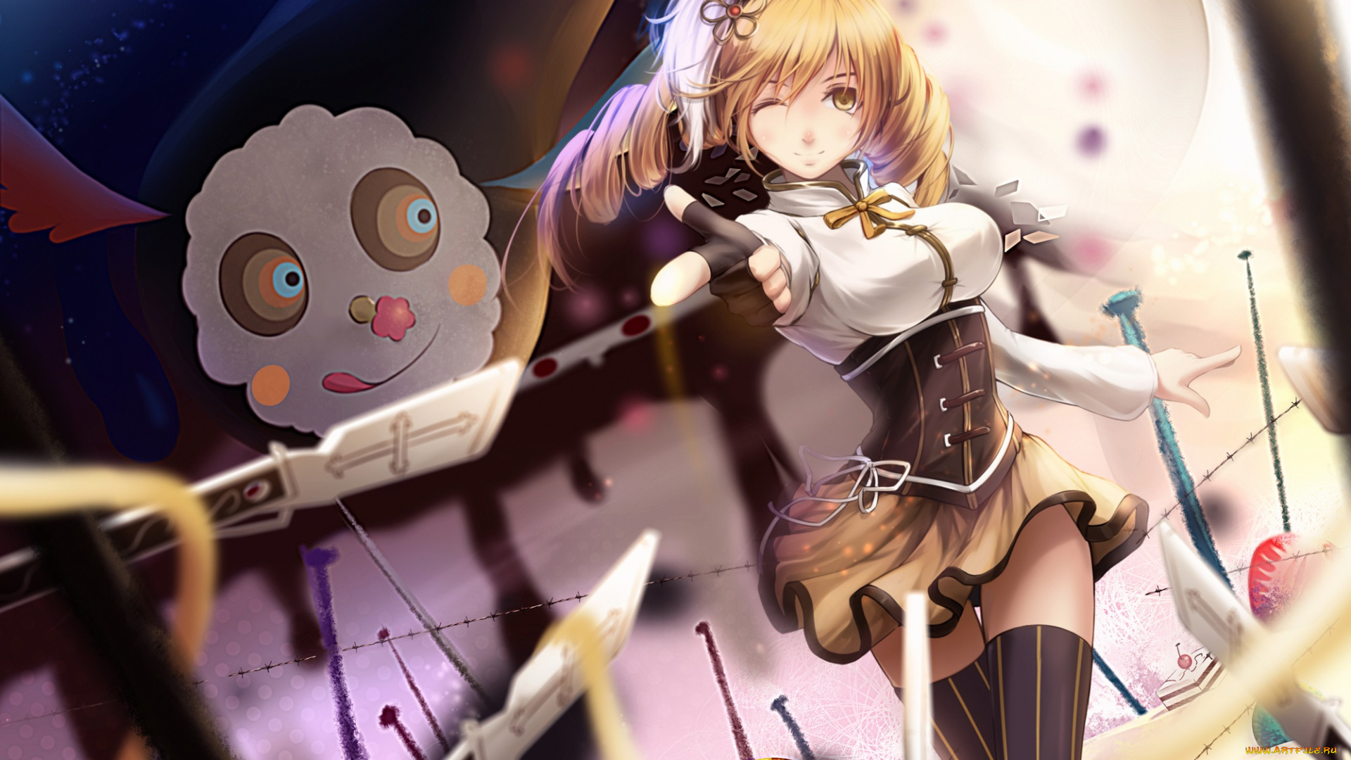 аниме, mahou, shoujo, madoka, magika, взгляд, юбка, корсет, блондинка, девшука