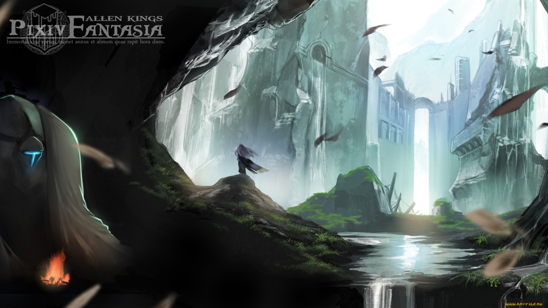 аниме, pixiv, fantasia, девушка, арт, замок, трава, камни, огонь, робот, swd3e2, pffk, paradise, fantasia, pixiv, водопад, природа