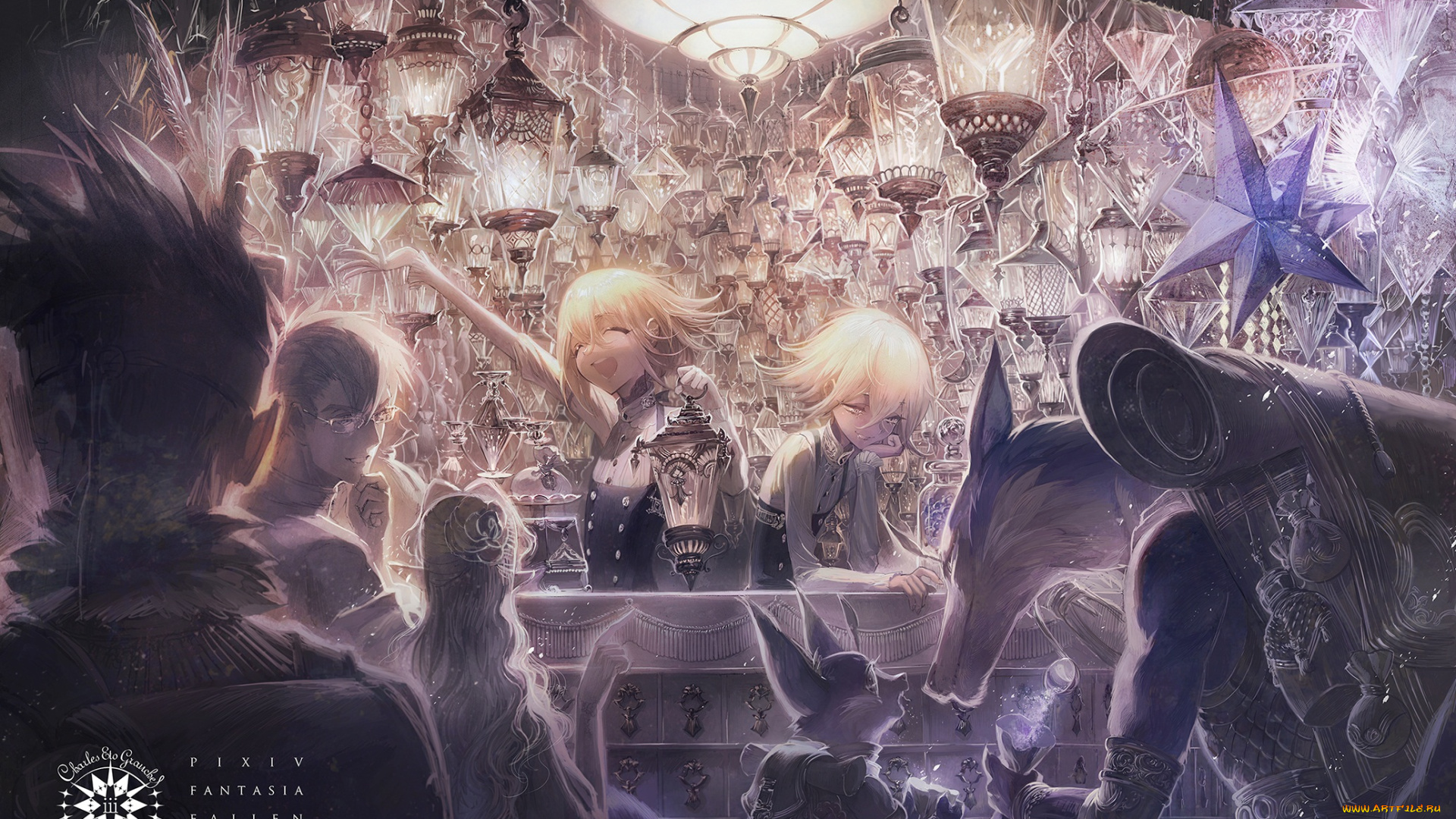 аниме, pixiv, fantasia, kaidou, арт, парни, девушки, звери, существа, свет, фонари