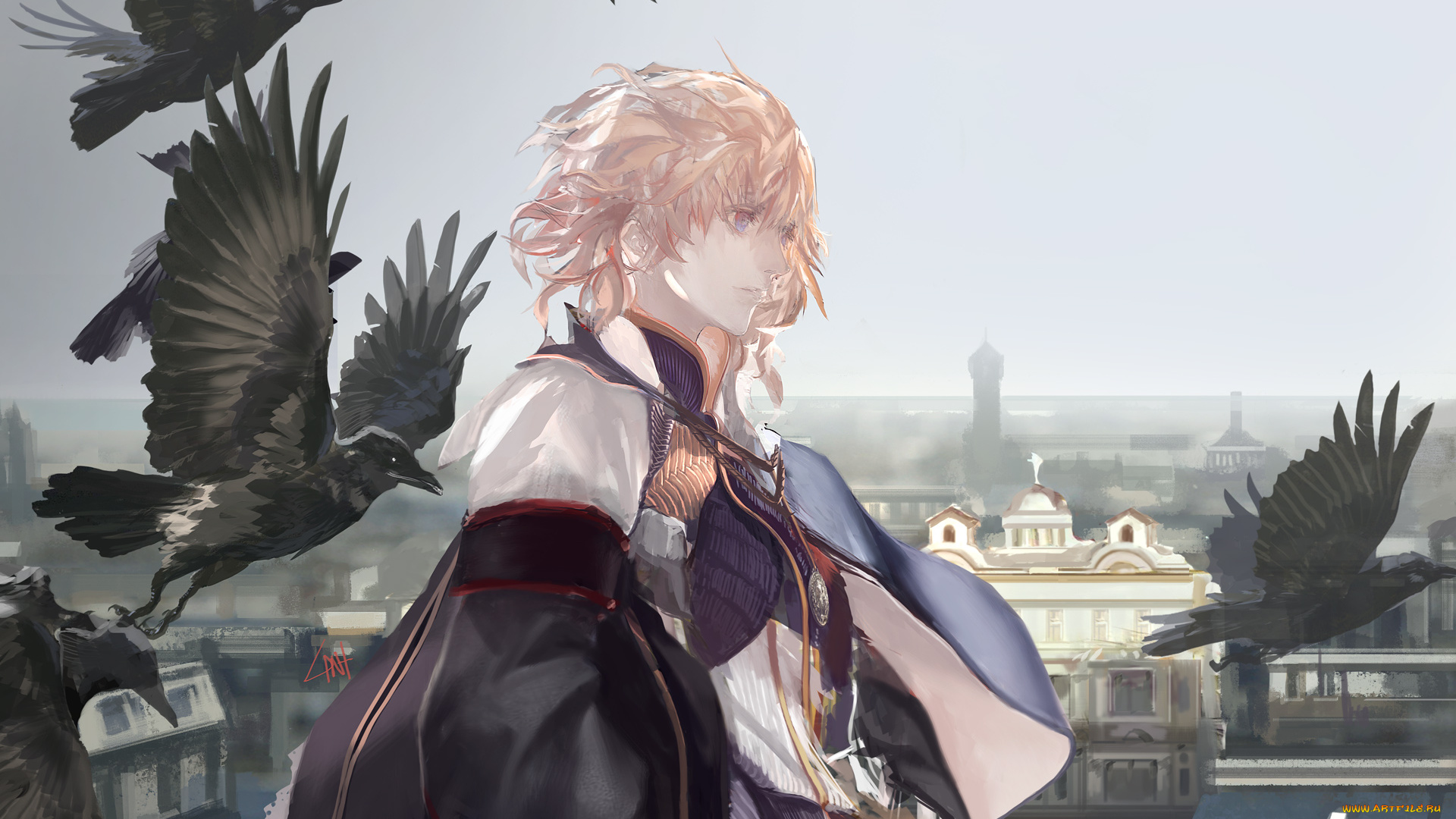аниме, pixiv, fantasia, lin, небо, арт, волосы, человек, город, птицы, вороны