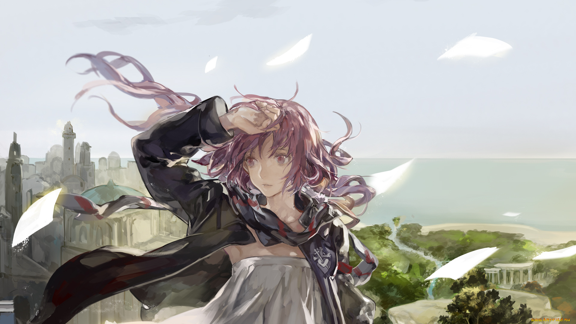 аниме, pixiv, fantasia, небо, листы, ветер, волосы, девушка, ibaraki, арт