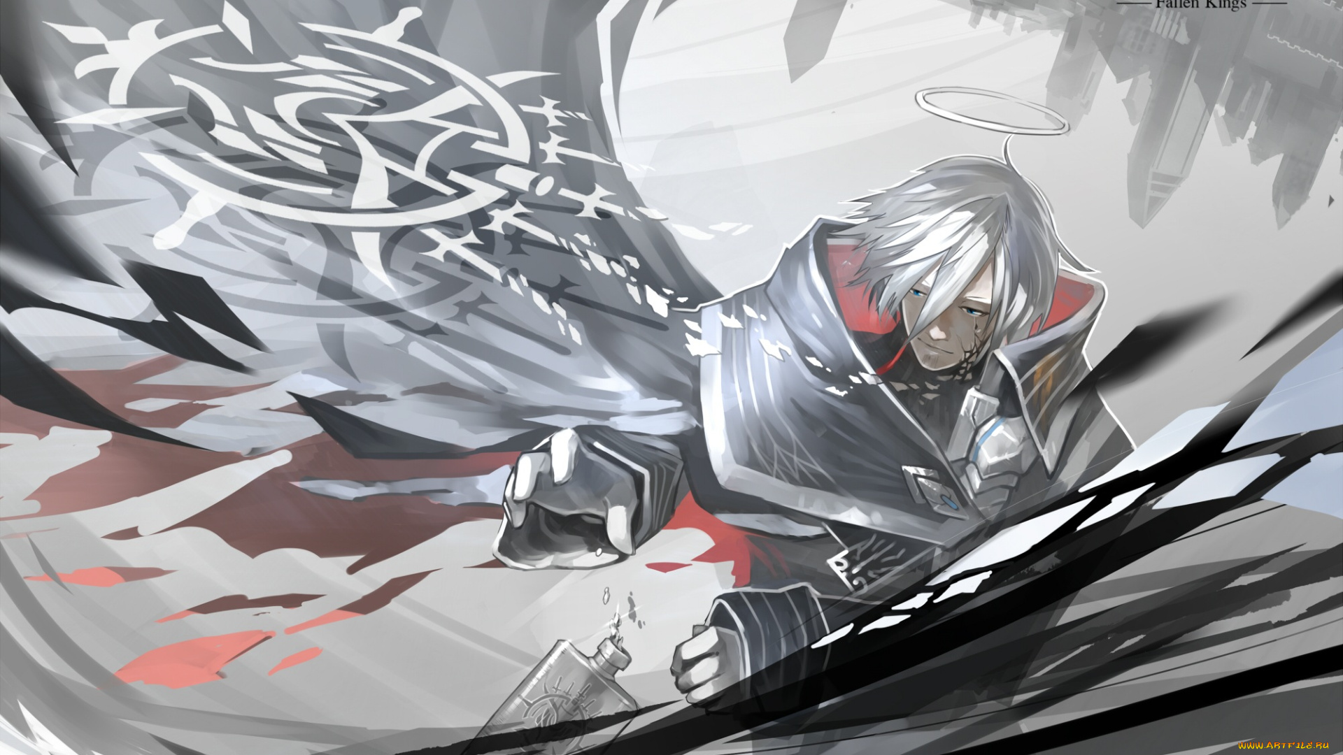 аниме, pixiv, fantasia, нимб, арт, бутылка, yuushouku, pixiv, fantasia, плащ, город, осколки, парень