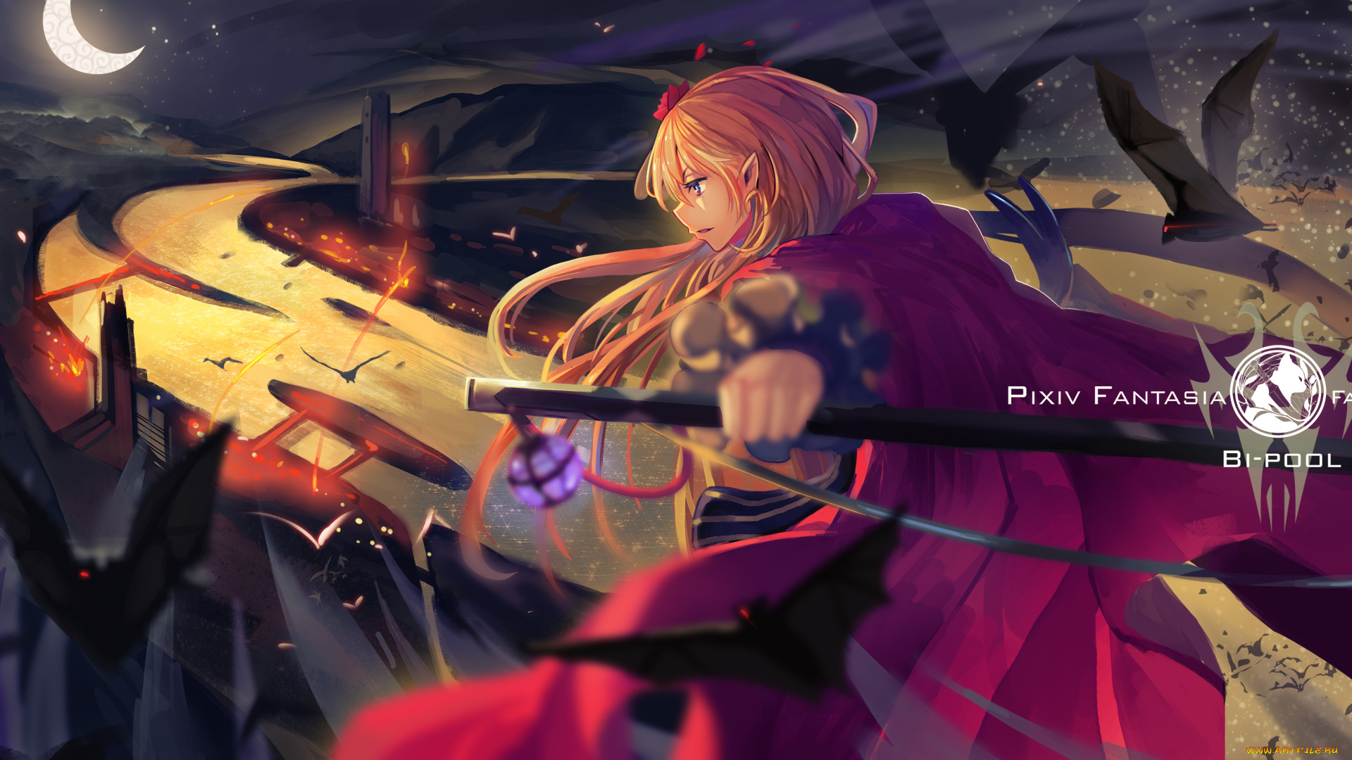 аниме, pixiv, fantasia, ночь, девушка, город, горы, месяц, арт, tsubasa19900920, fantasia, pixiv, летучие, мыши, меч, река, оружие