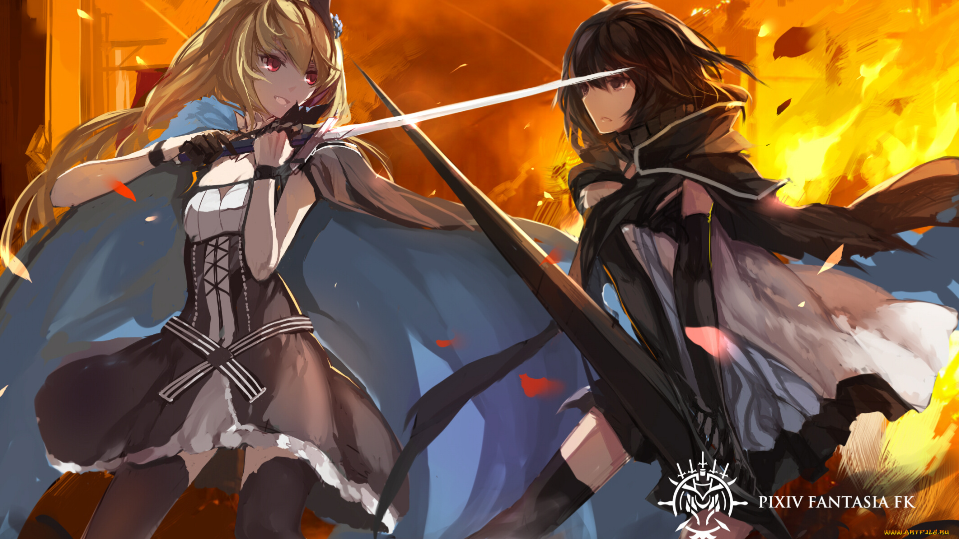 аниме, pixiv, fantasia, pixiv, fantasia, armeechef, paradise, pffk, swd3e2, арт, девушки, оружие, мечи, брюнетка, блондинка