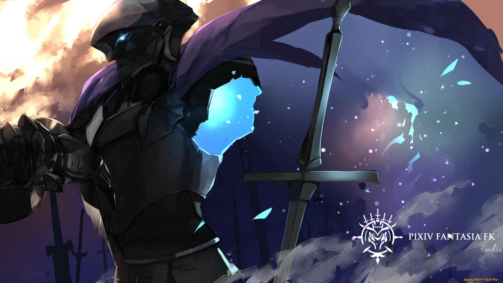 аниме, pixiv, fantasia, pixiv, fantasia, swd3e2, арт, робот, оружие, мечи, вечер, закат