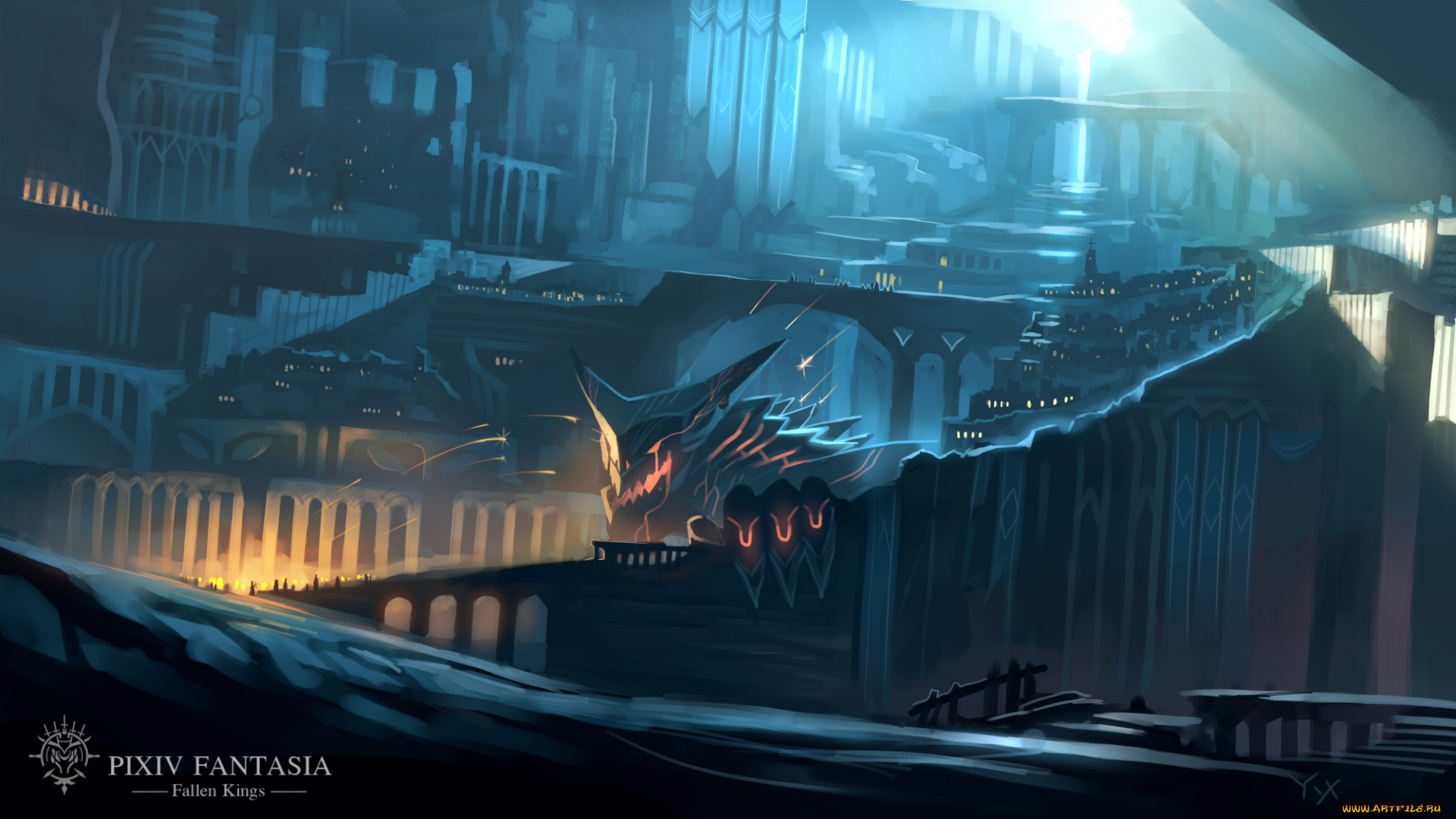 аниме, pixiv, fantasia, pixiv, fantasia, yuushouku, арт, дракон, город, ночь, люди, огонь, луна, свет