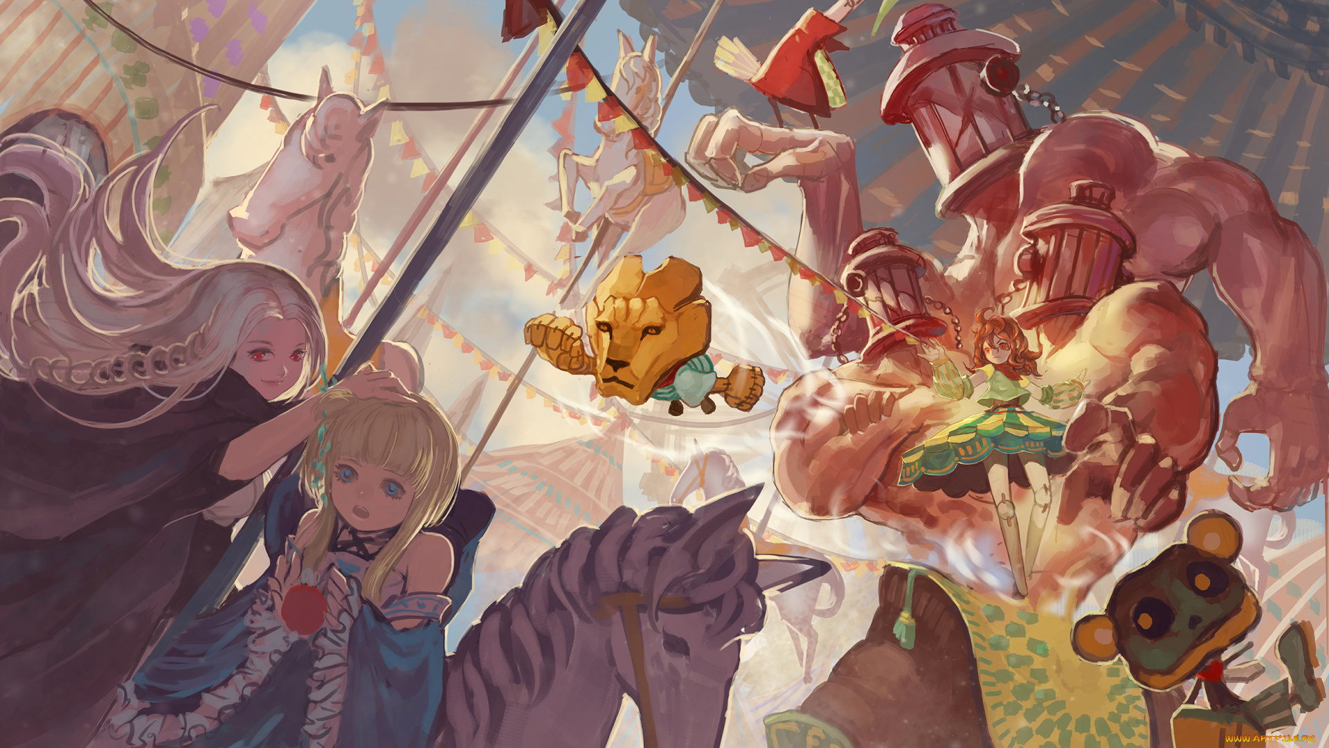 аниме, pixiv, fantasia, quaanqin, арт, девушки, существа, карусель, лошадь, флажки