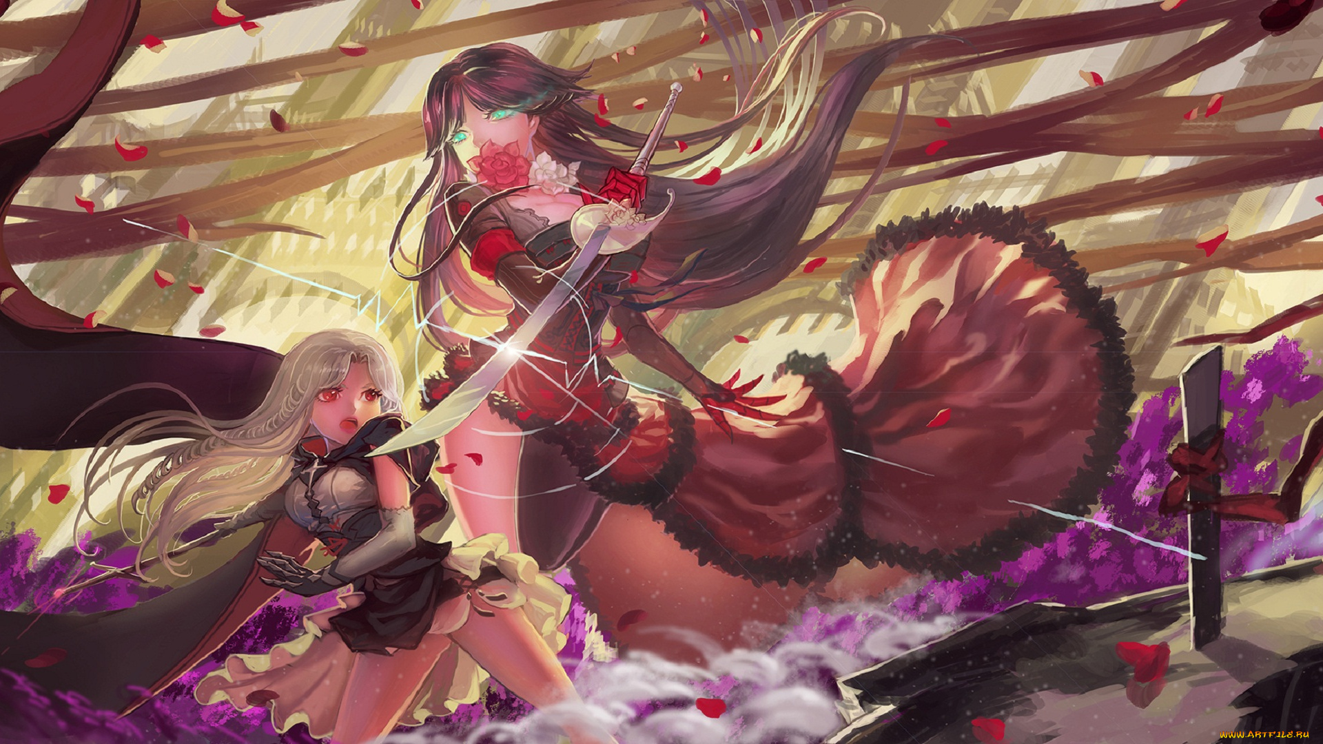 аниме, pixiv, fantasia, quaanqin, арт, девушки, бой, меч, лепестки