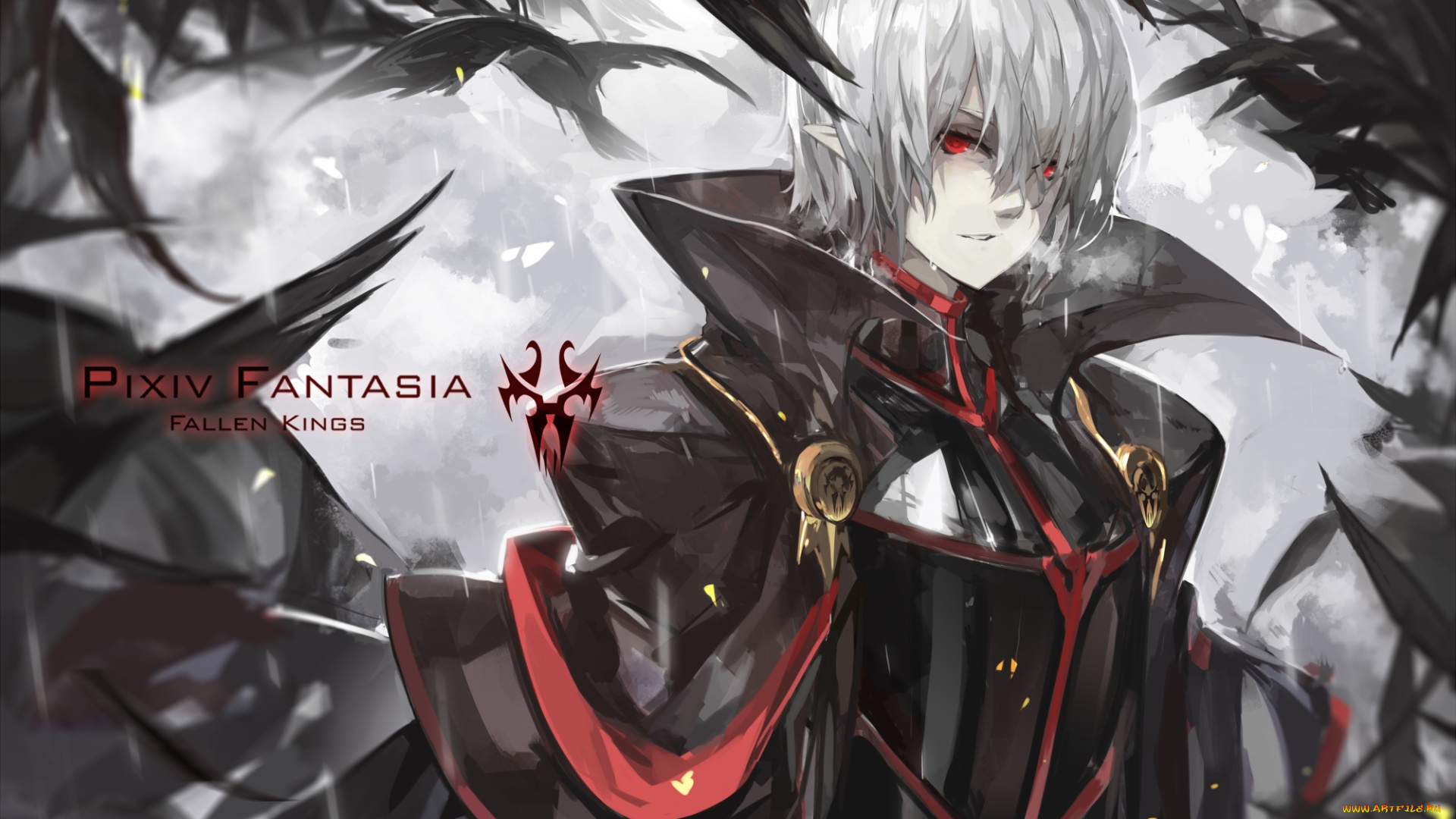 аниме, pixiv, fantasia, saberiii, арт, парень, эльф, доспехи, плащ, птицы, вороны