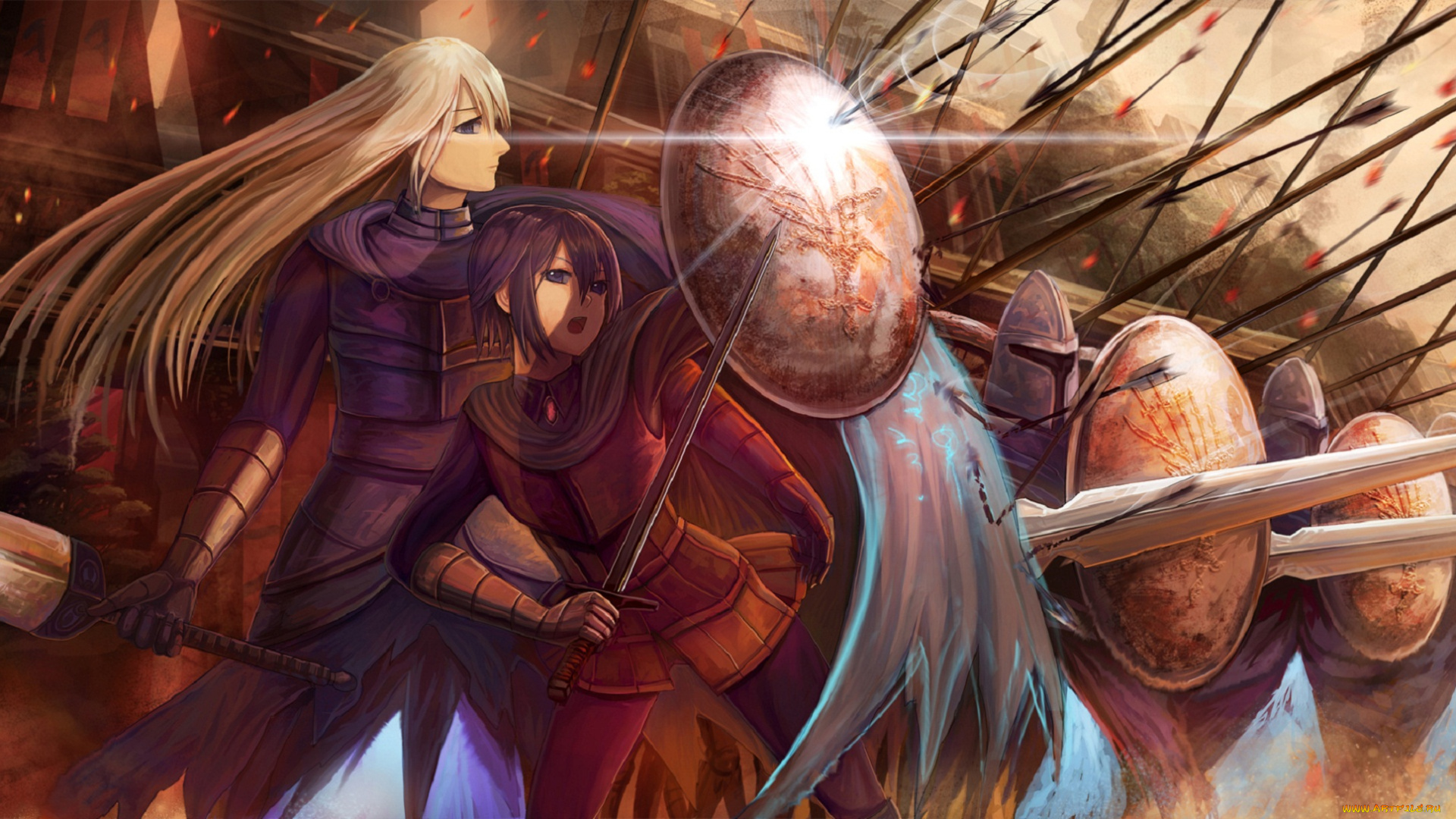 аниме, pixiv, fantasia, sdg19881022, шатенка, девушка, стрелы, щиты, корабль, оружие, меч, блондин, арт, парень