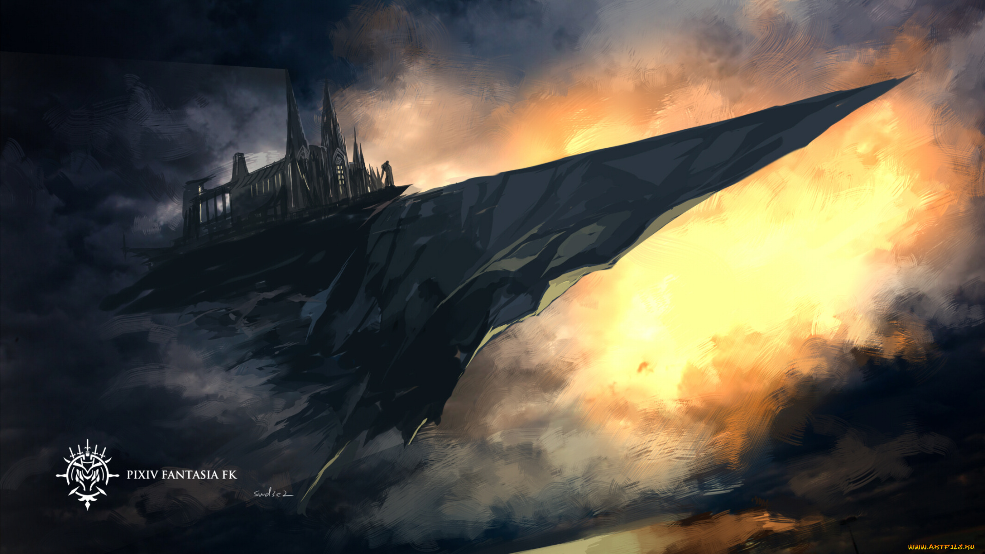 аниме, pixiv, fantasia, swd3e2, арт, скала, замок, летит, вечер, закат, небо