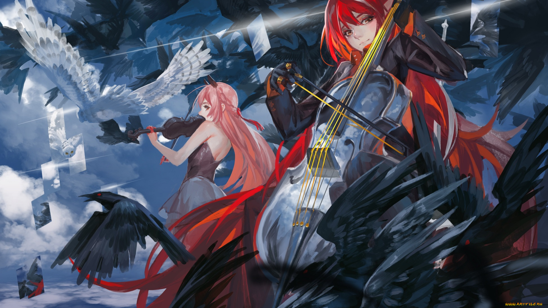аниме, pixiv, fantasia, вороны, отражения, небо, птицы, музыка, скрипка, арт, девушки, pixiv, fantasia