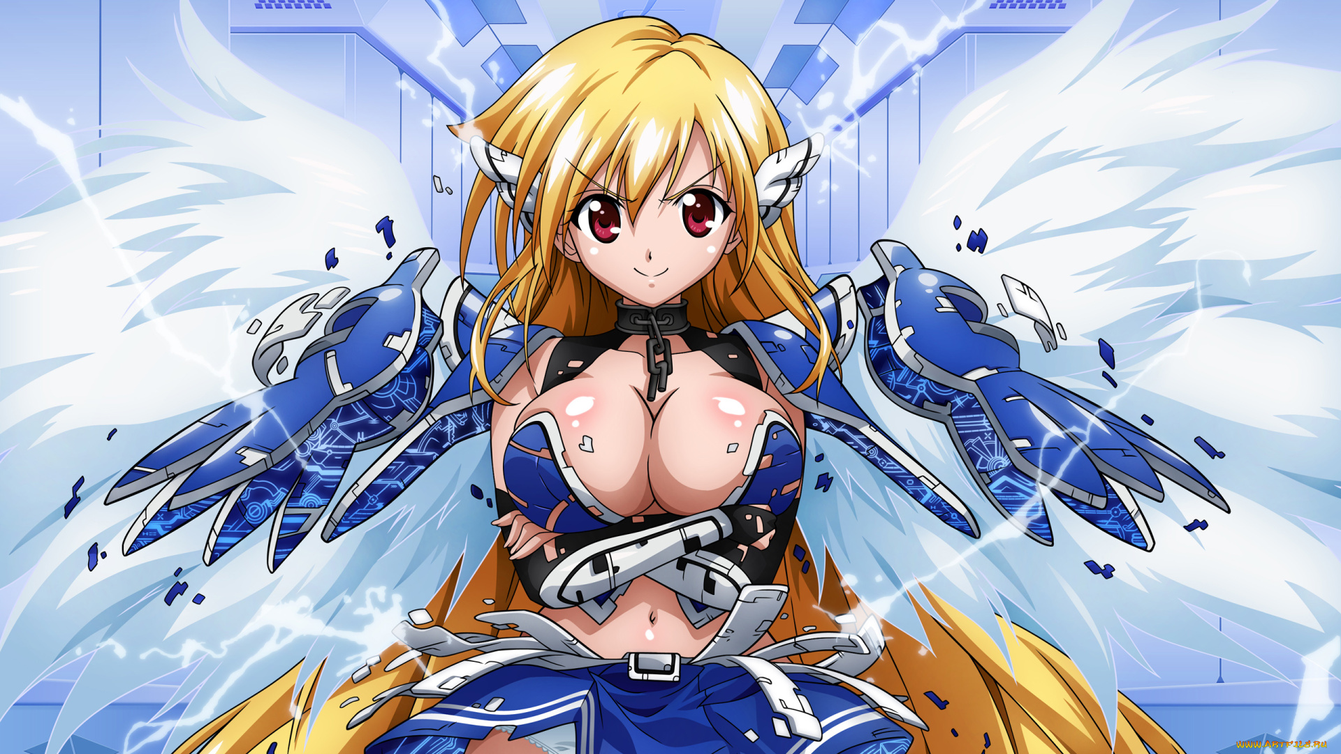 аниме, sora, no, otoshimono, девушка, блондинка, взгляд, крылья, арт, astraea, akiranyo, otoshimono, no, осколки, sora