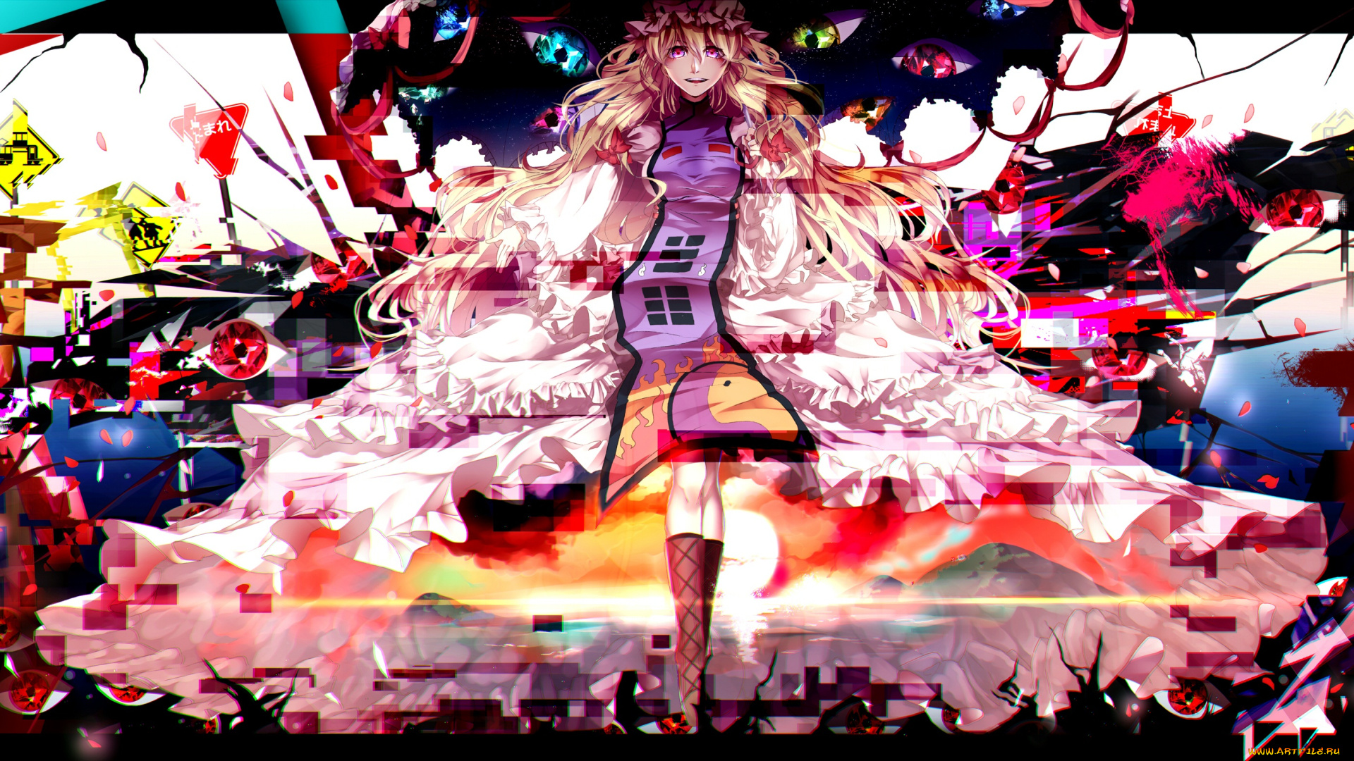 аниме, touhou, девушка, chiaki, арт, блондинка, kou, абстракция, взгляд, глаза, yakumo, yukari