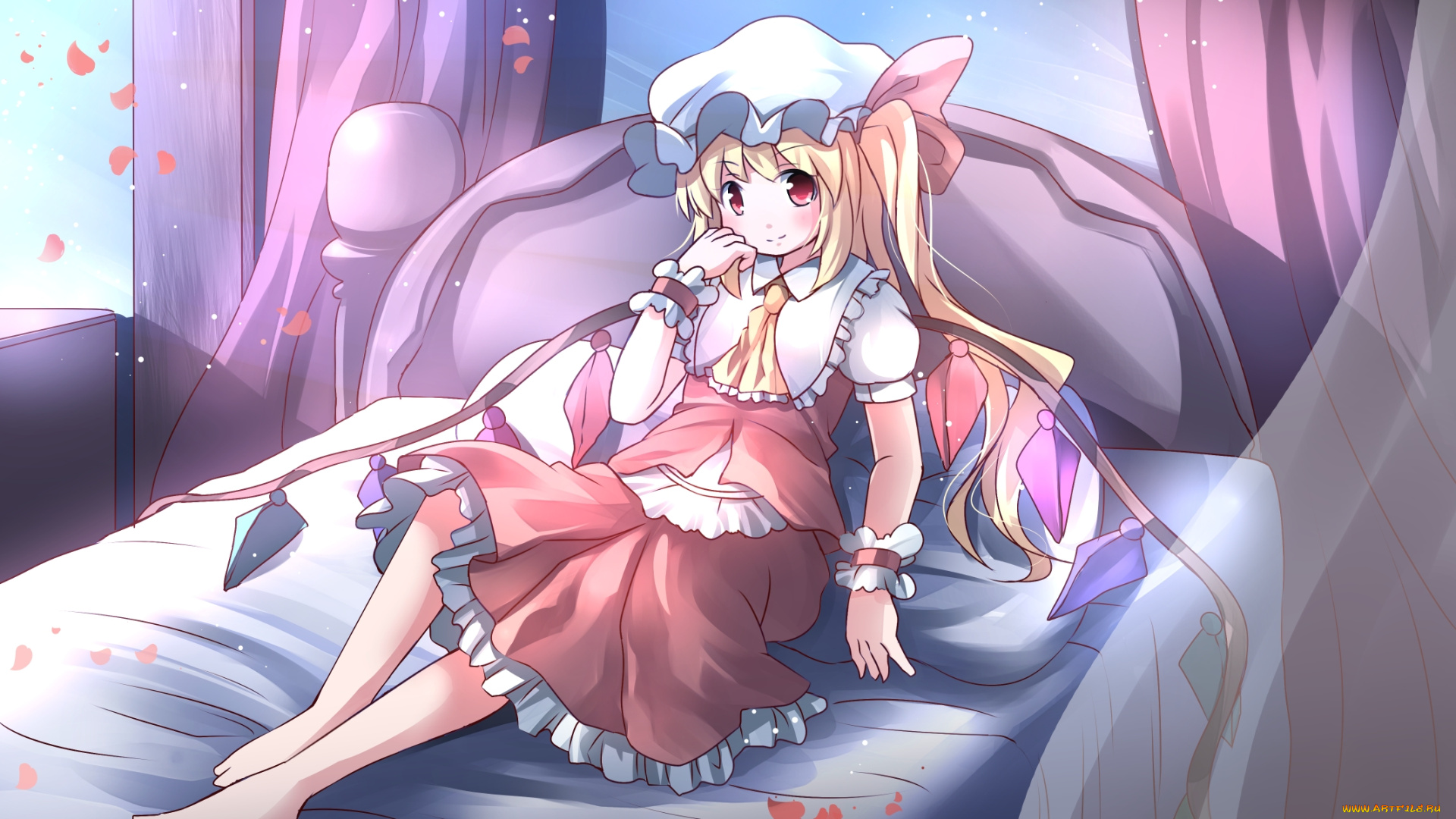 аниме, touhou, лепестки, окна, тюль, занавески, кровать, блондинка, девушка, flandre, scarlet, risutaru, арт