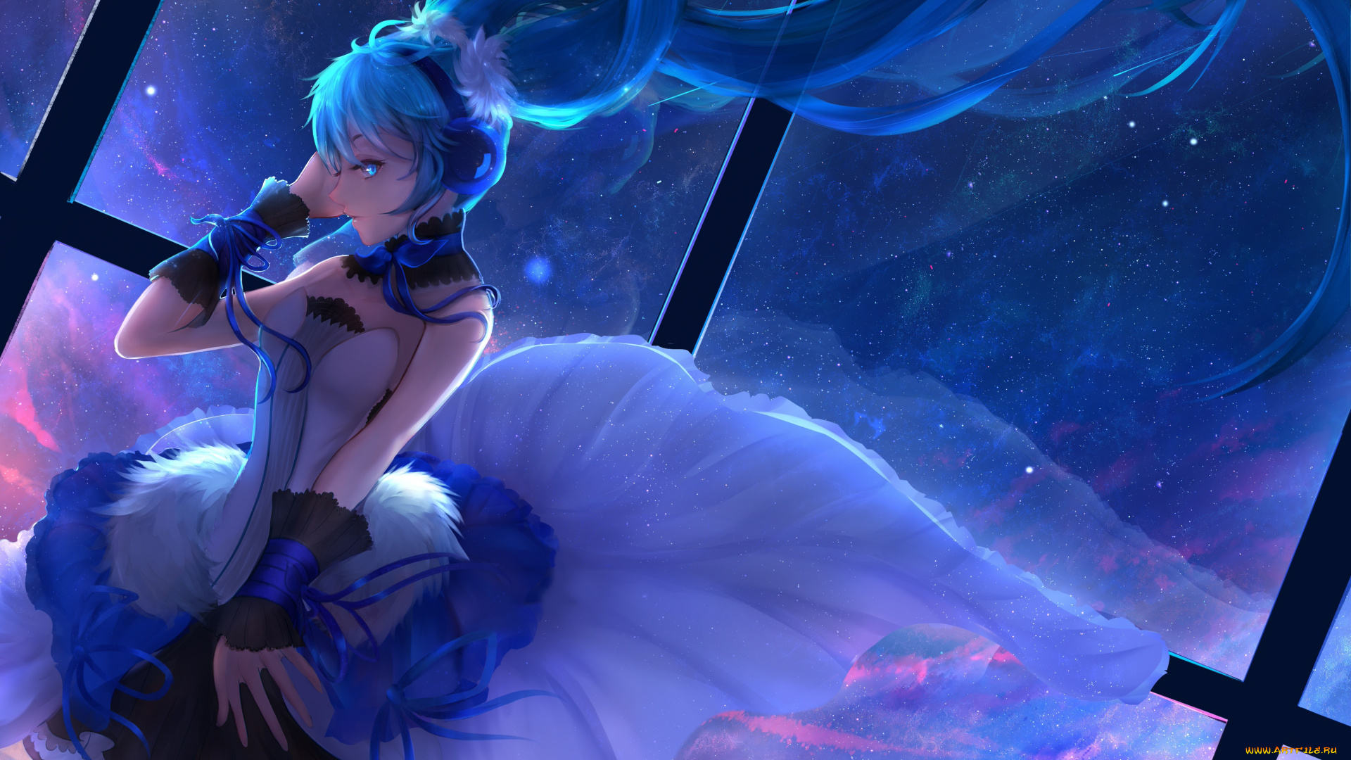 аниме, vocaloid, окно, созвездия, ночь, звёзды, наушники, взгляд, вокалоид, девушка, арт, волосы