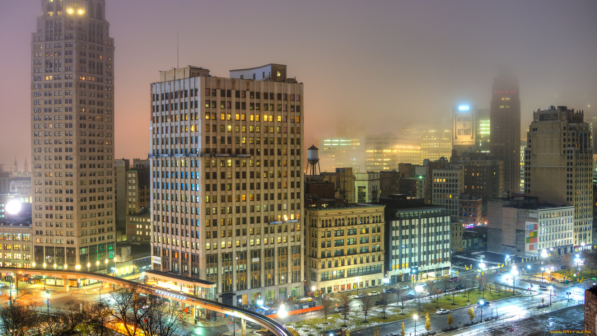 detroit, morning, города, детройт, , сша, утро, дымка, здания, огни