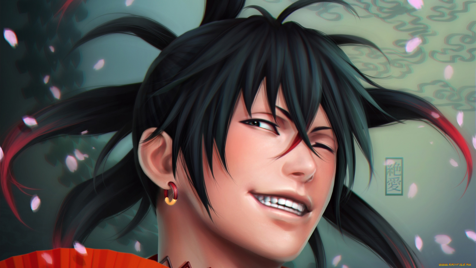 фэнтези, люди, веер, улыбка, парень, zetsuai89, art, подмигивает, лепестки