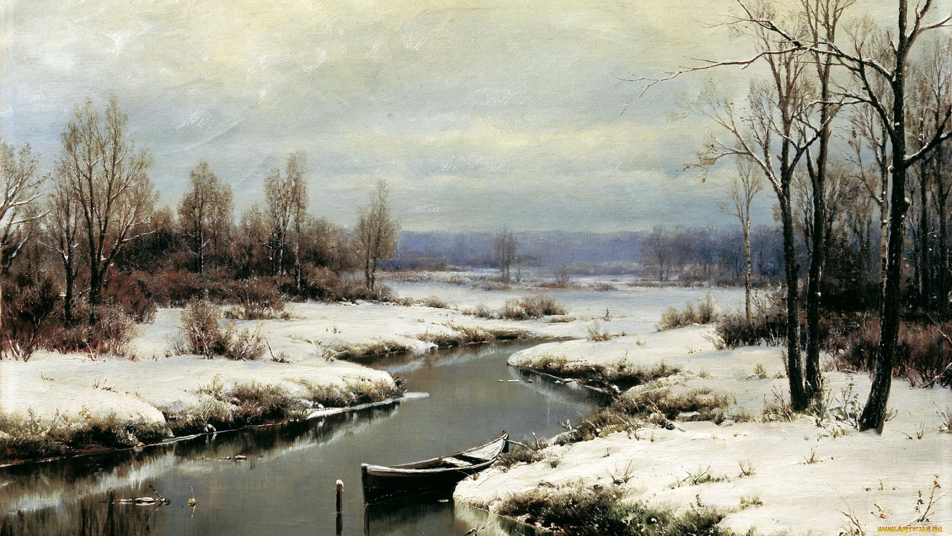 рисованное, иван, вельц, начало, зимы, речка, вода, снег, лодка, деревья