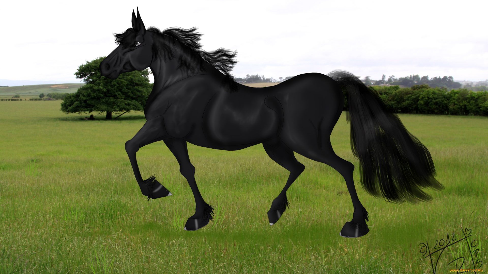 рисованное, животные, , лошади, лошадь, лес, поле, трава, небо