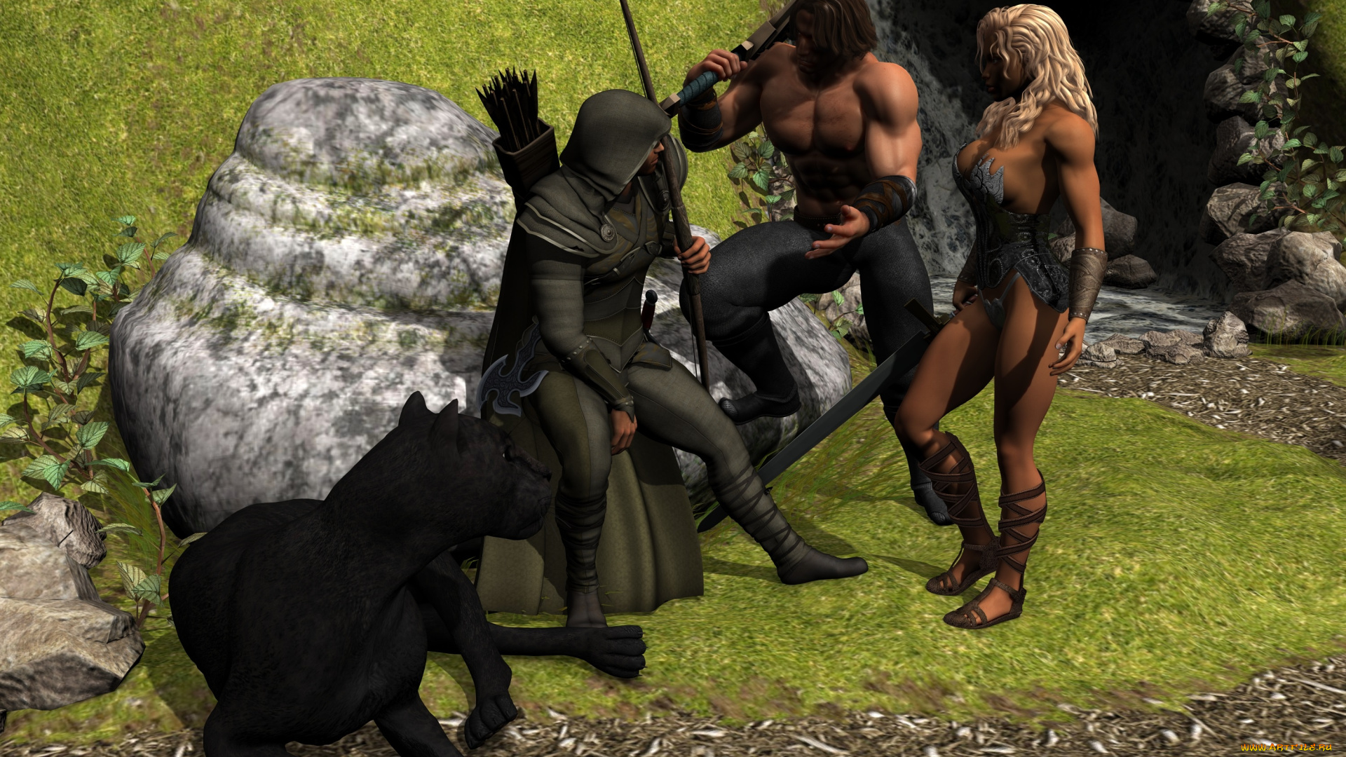 sinister, marauder, 3д, графика, фантазия, , fantasy, ягуар, мужчины, девушка, река, камень