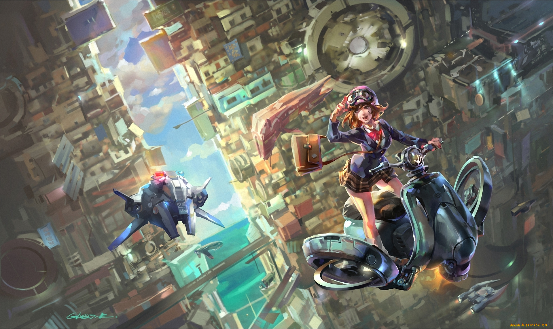 фэнтези, девушки, мир, иной, летающий, скутер, будущее, девушка