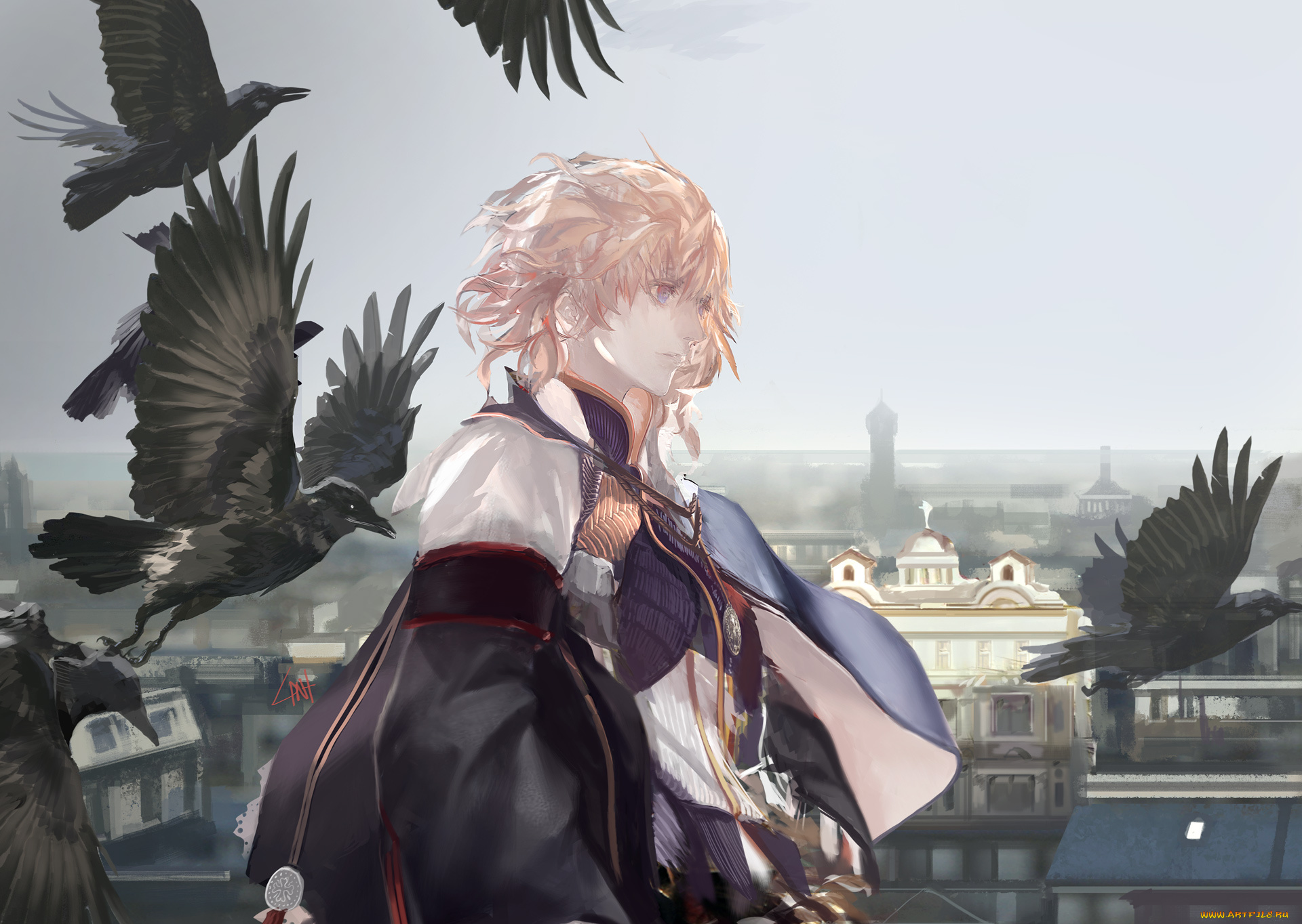 аниме, pixiv, fantasia, lin, небо, арт, волосы, человек, город, птицы, вороны