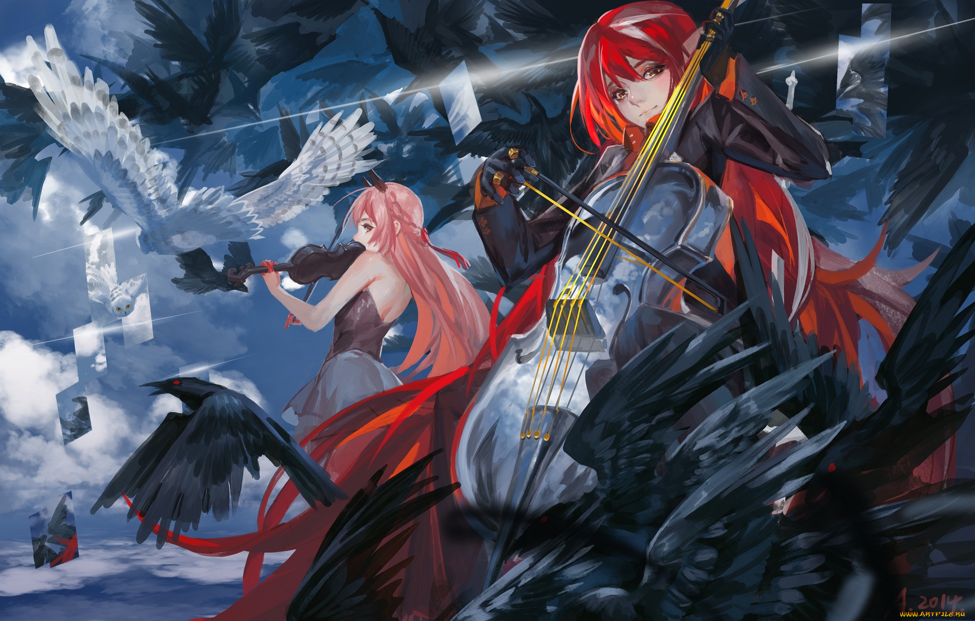 аниме, pixiv, fantasia, вороны, отражения, небо, птицы, музыка, скрипка, арт, девушки, pixiv, fantasia