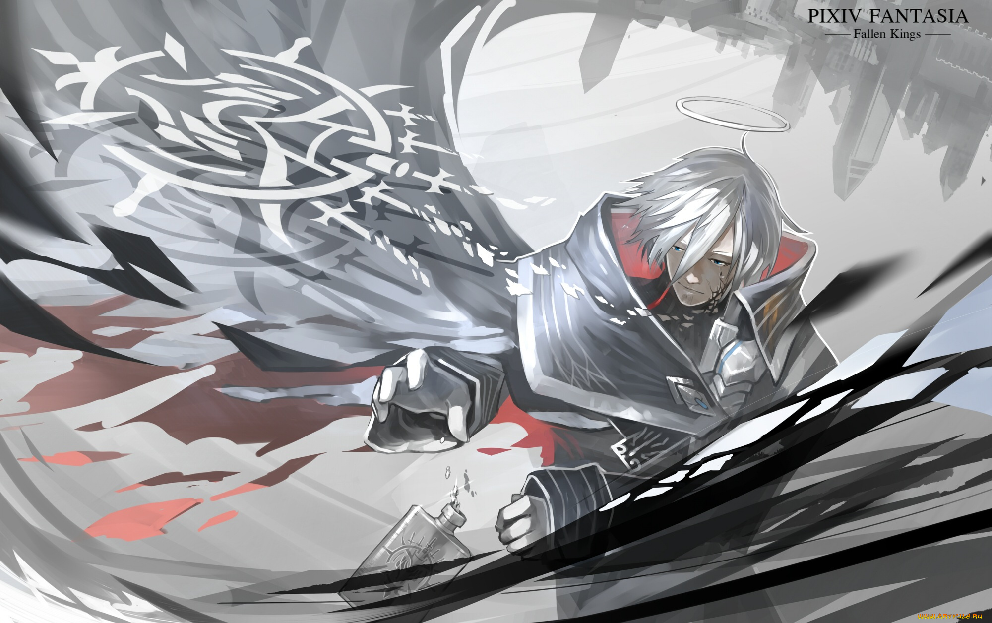 аниме, pixiv, fantasia, нимб, арт, бутылка, yuushouku, pixiv, fantasia, плащ, город, осколки, парень