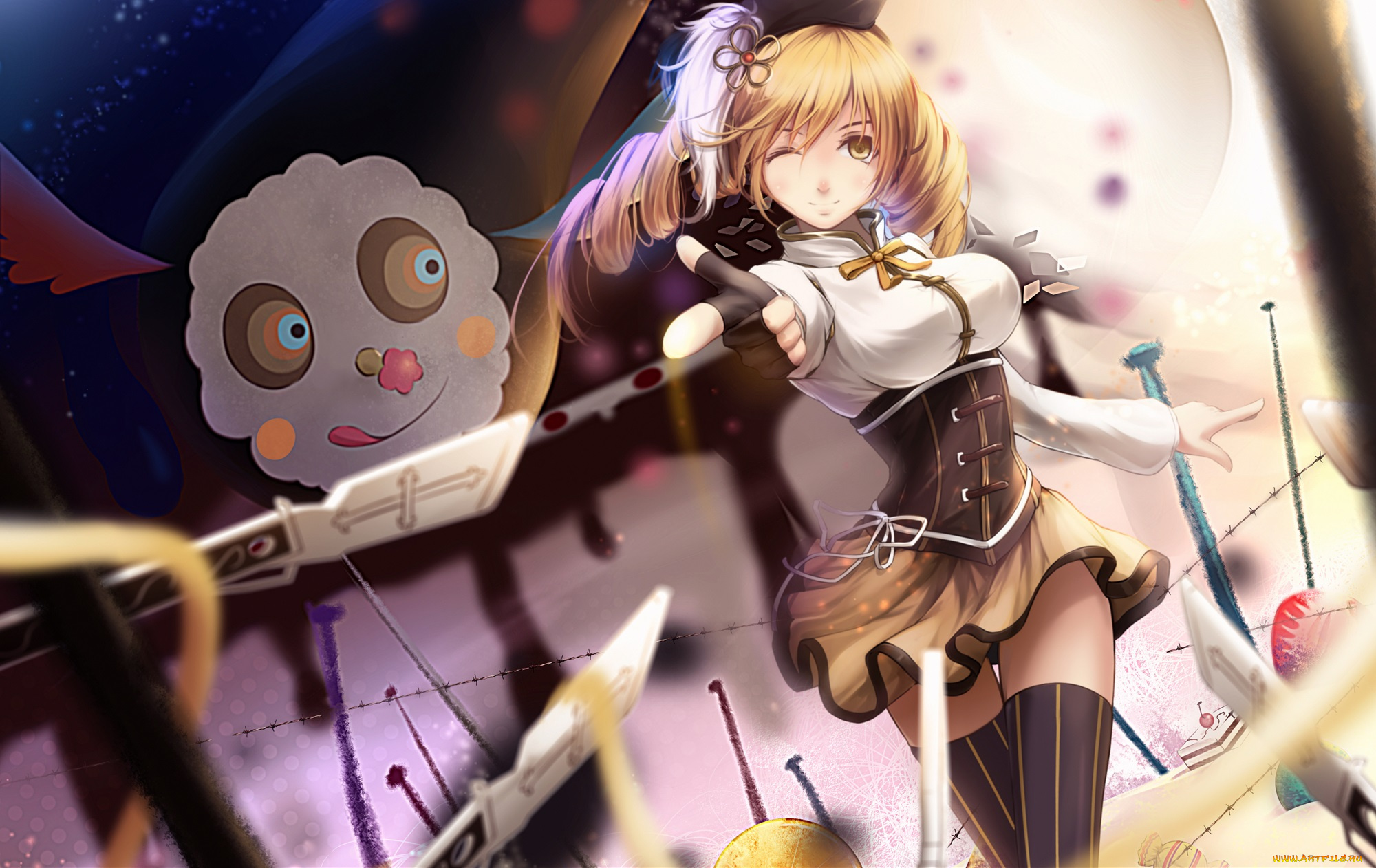 аниме, mahou, shoujo, madoka, magika, взгляд, юбка, корсет, блондинка, девшука