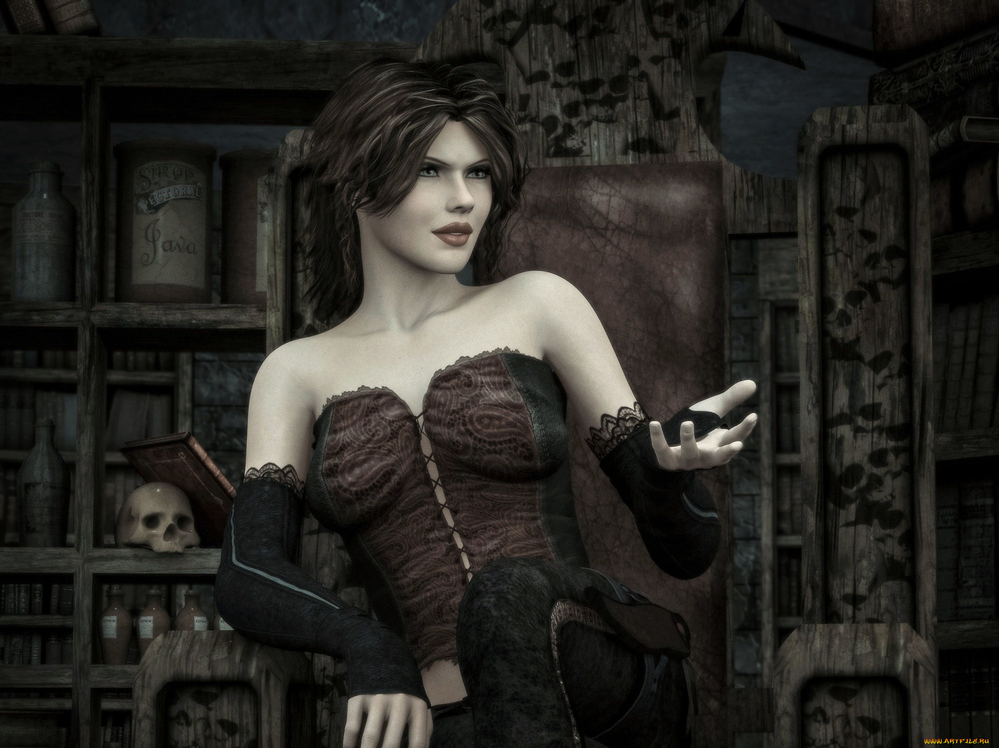 3д, графика, фантазия, , fantasy, череп, фон, взгляд, девушка