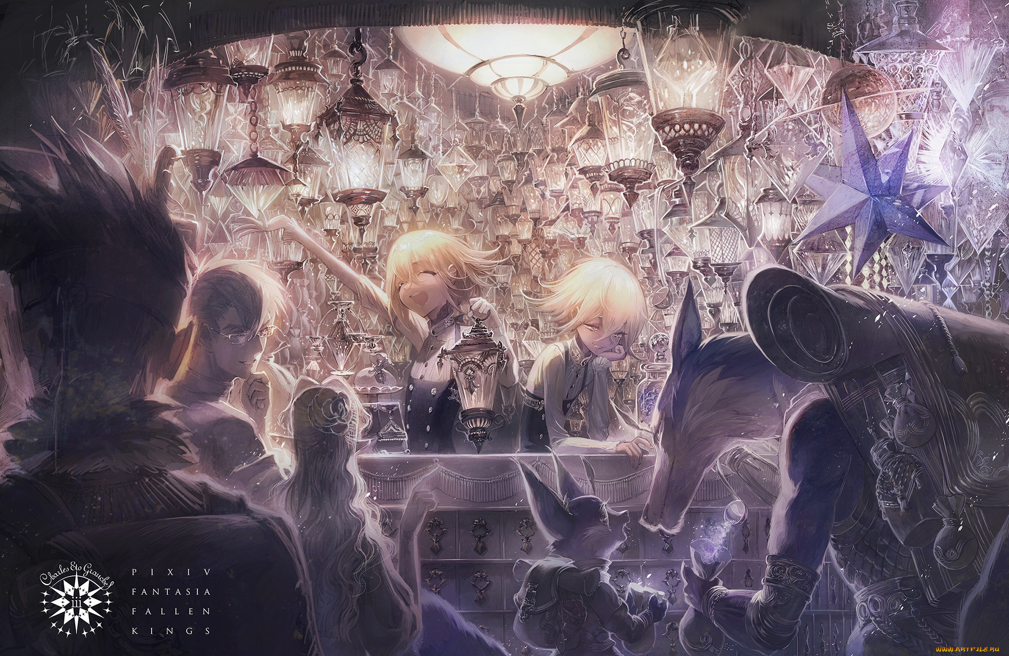 аниме, pixiv, fantasia, kaidou, арт, парни, девушки, звери, существа, свет, фонари