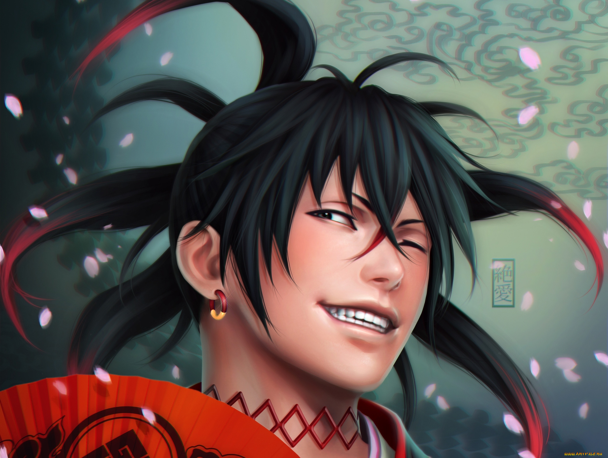 фэнтези, люди, веер, улыбка, парень, zetsuai89, art, подмигивает, лепестки