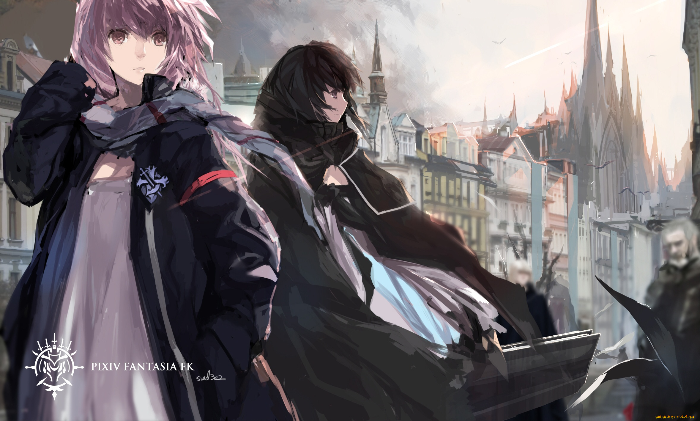 аниме, pixiv, fantasia, swd3e2, арт, девушки, город, замок