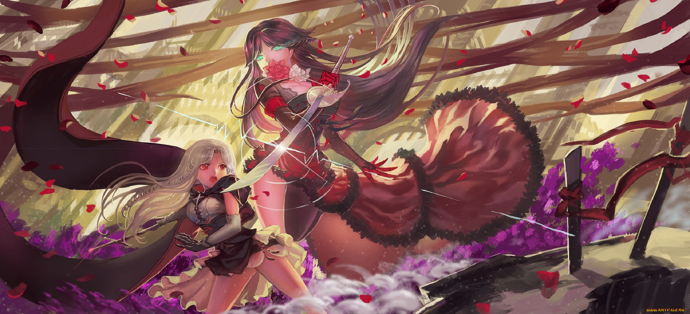 аниме, pixiv, fantasia, quaanqin, арт, девушки, бой, меч, лепестки