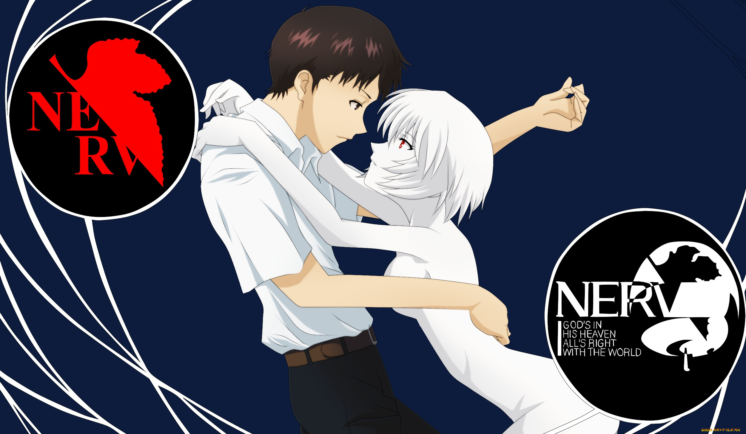 аниме, evangelion, genesis, neon, фон, объятия, девушка, парень