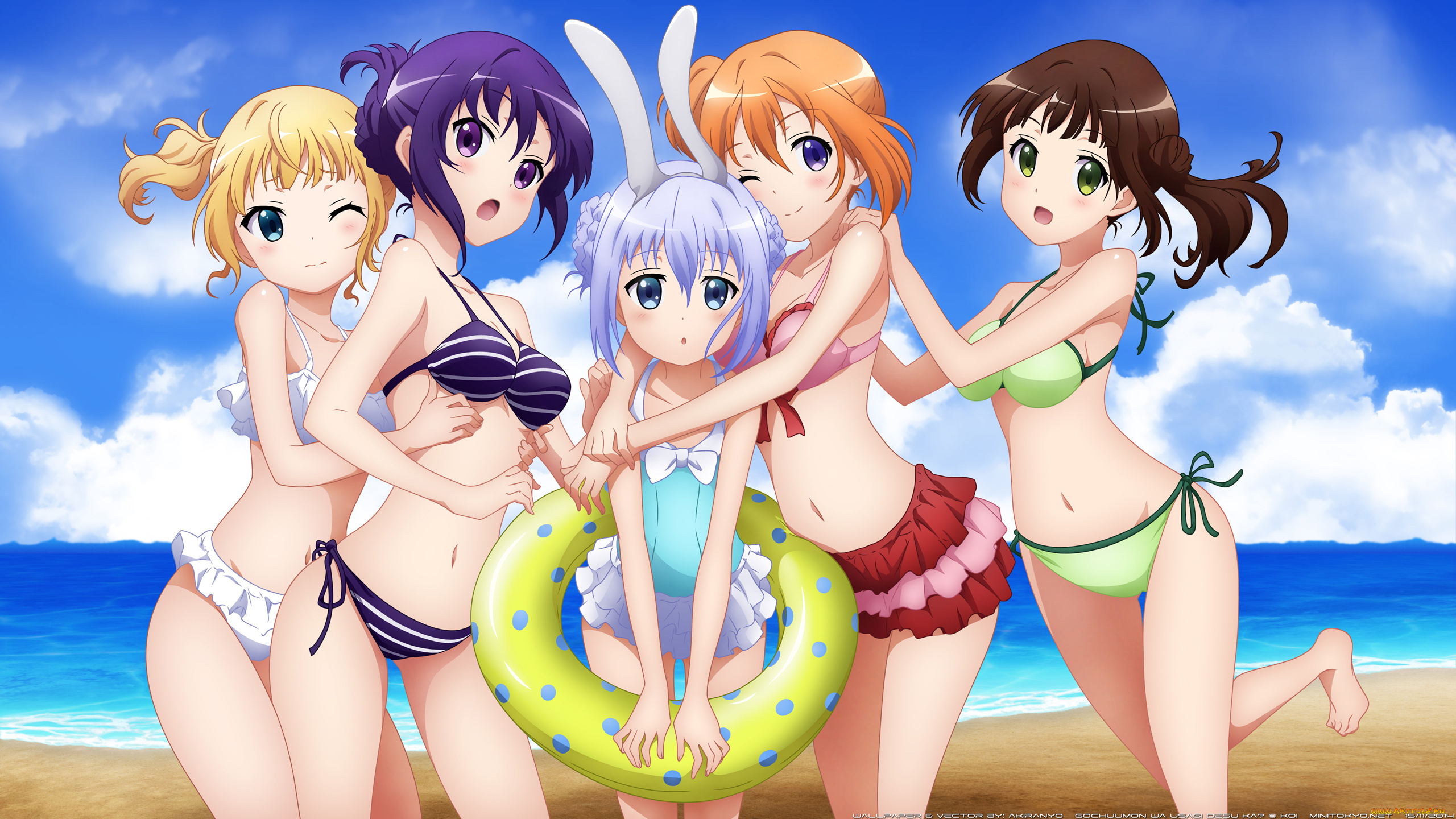 аниме, gochuumon, wa, usagi, desu, ka, chiya, пляж, девушки, akiranyo, круг, rize, ujimatsu, kafuu, wa, usagi, kirima, sharo, gochuumon, kokoa, tedeza, desu, hoto, ka, chino, купальники, лето