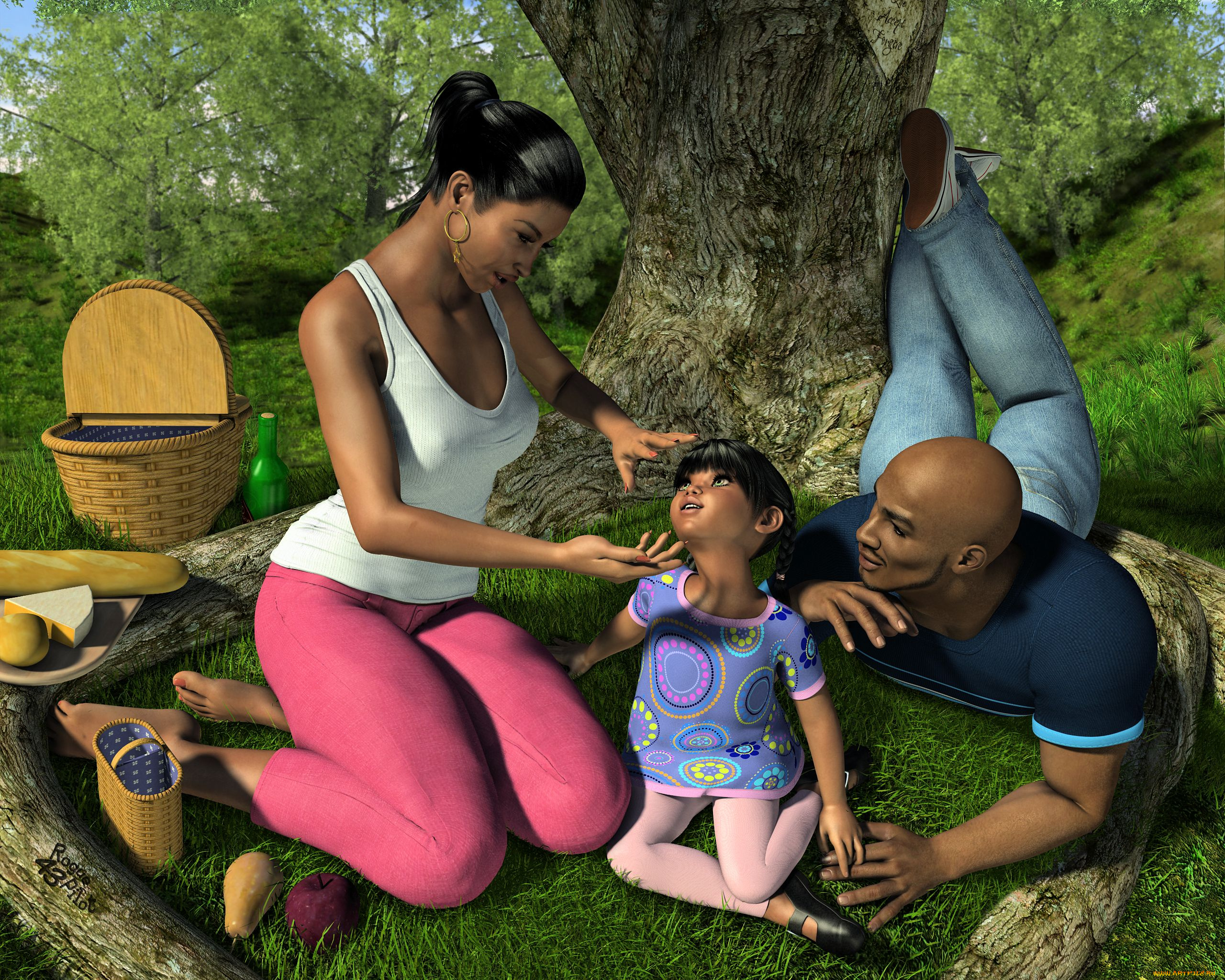 3д, графика, люди, , people, мужчина, девушка, ребенок, улыбки, дерево, корзинки, отдых, семья, лето, трава