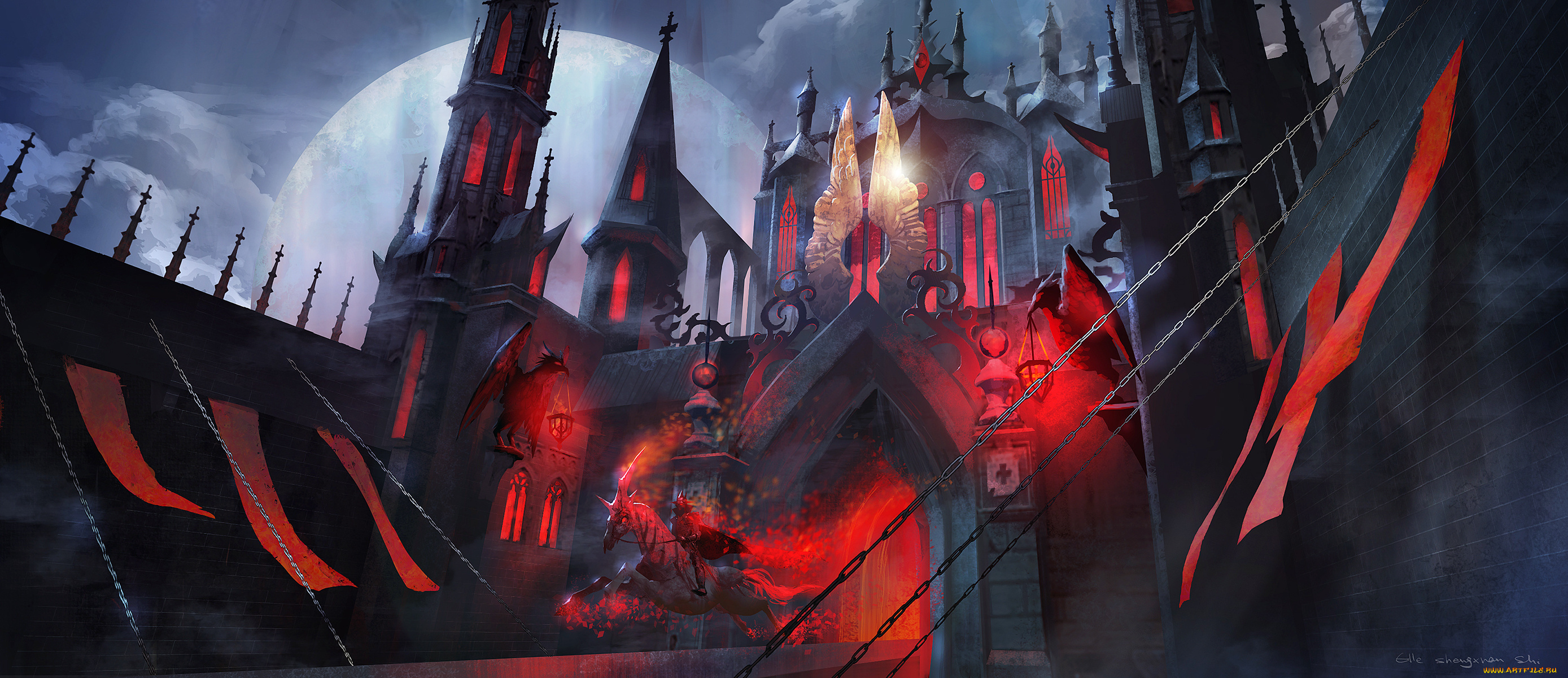 аниме, pixiv, fantasia, pixiv, fantasia, lost, elle, арт, замок, строение, всадник, лошадь, цепи, мост, флаги, луна, ночь