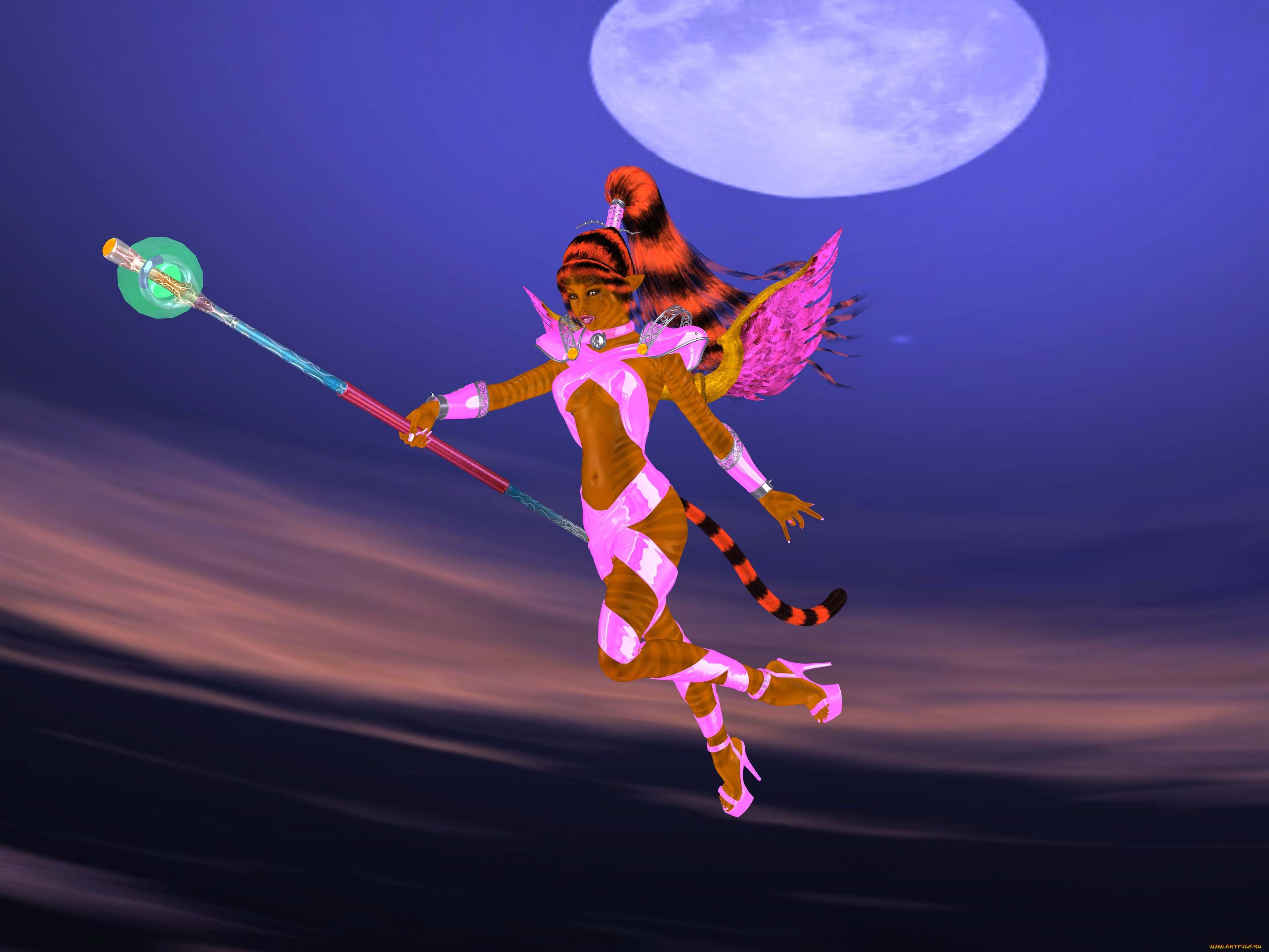 3д, графика, эльфы, , elves, эльфийка, шест, луна, полет, цвета