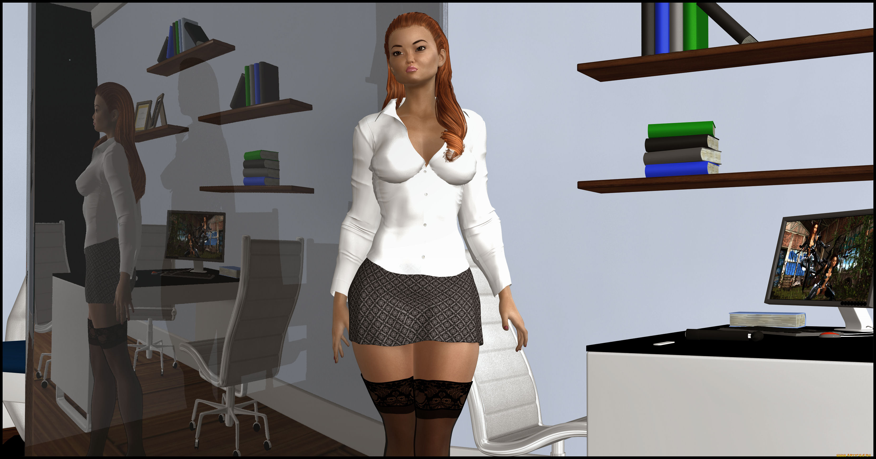 3д, графика, люди, , people, полки, книги, офис, стол, зеркало, девушка, взгляд, рыжая