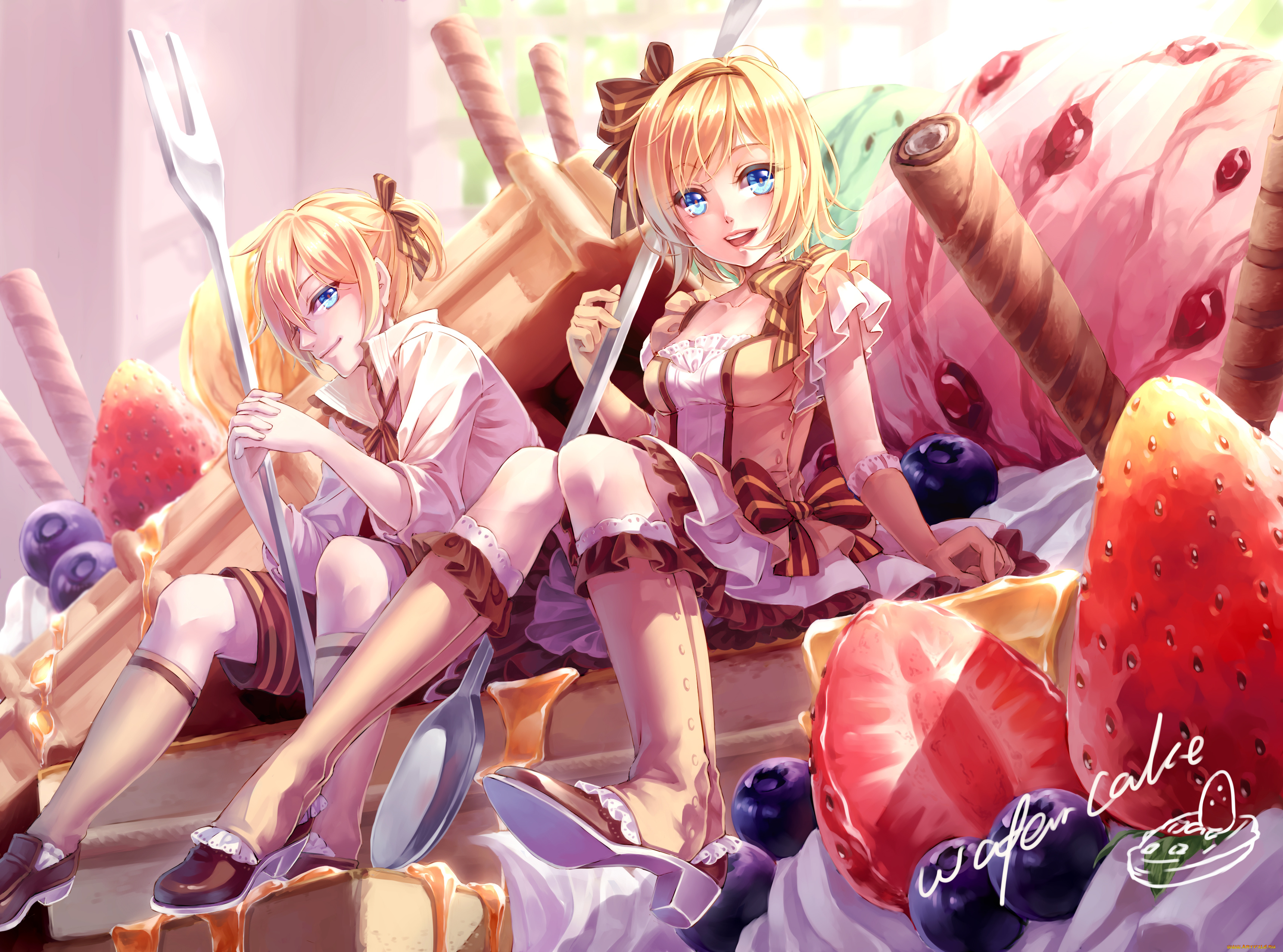 аниме, vocaloid, сладкое, kagamine, len, rin, вилка, клубника, вафли, десерт, ложка, maple, еда, девушка, maplehy, арт, парень