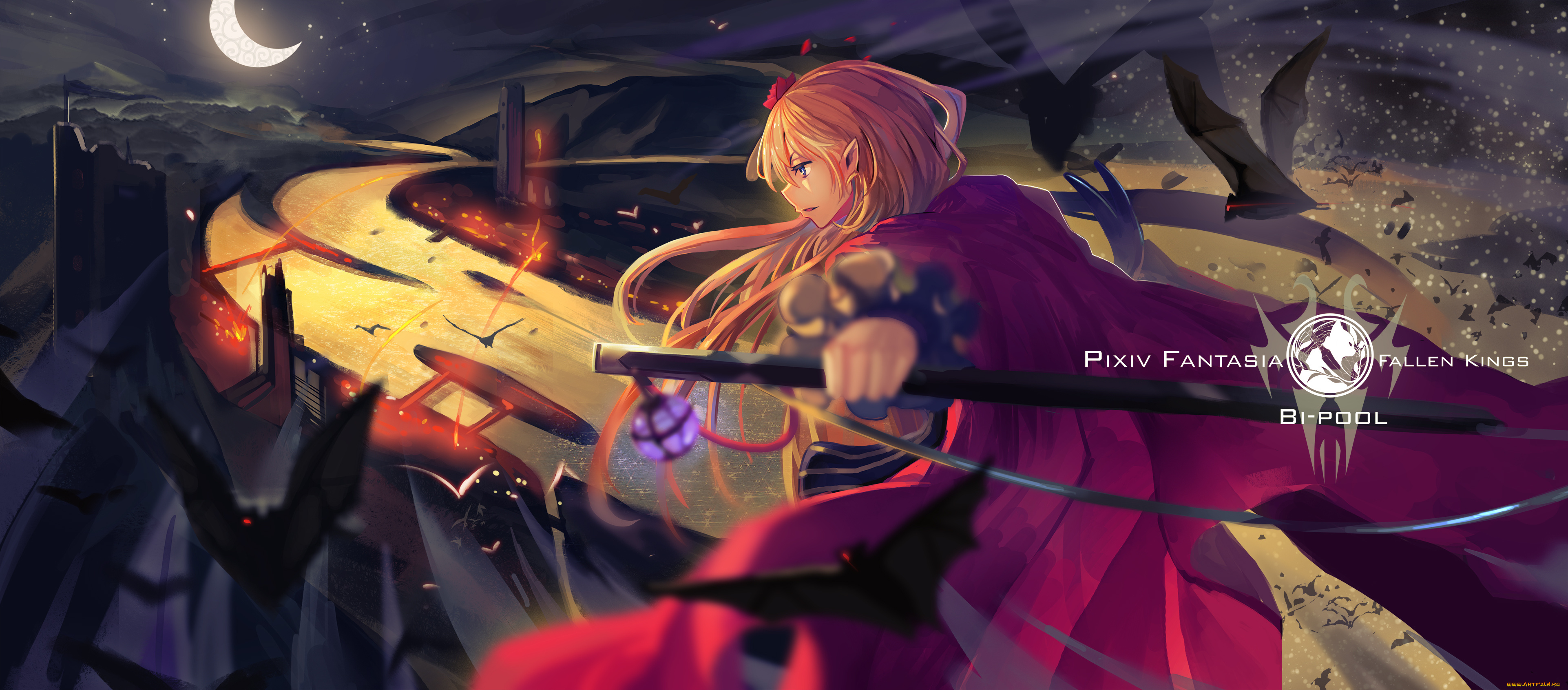 аниме, pixiv, fantasia, ночь, девушка, город, горы, месяц, арт, tsubasa19900920, fantasia, pixiv, летучие, мыши, меч, река, оружие