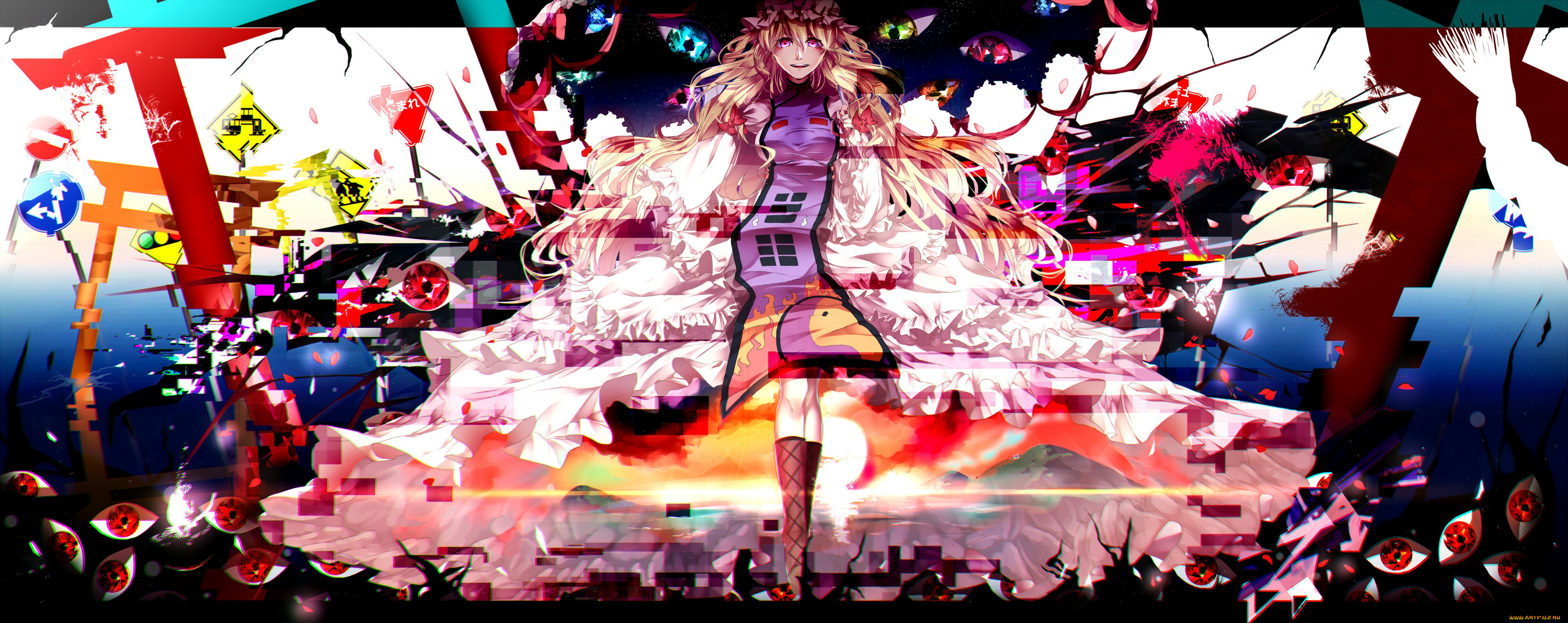 аниме, touhou, девушка, chiaki, арт, блондинка, kou, абстракция, взгляд, глаза, yakumo, yukari