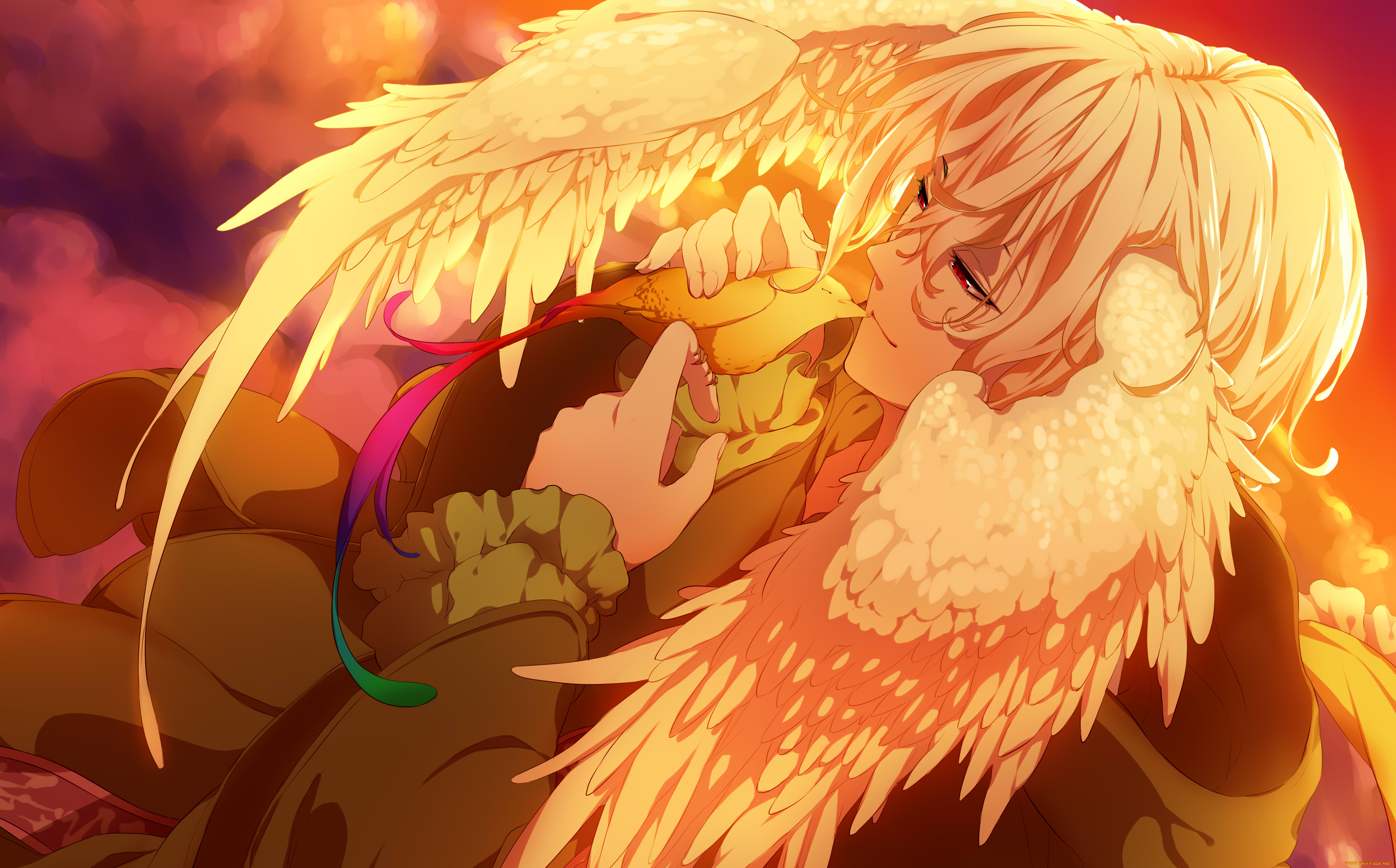 аниме, -animals, &, creatures, красные, глаза, крылья, птица, парень