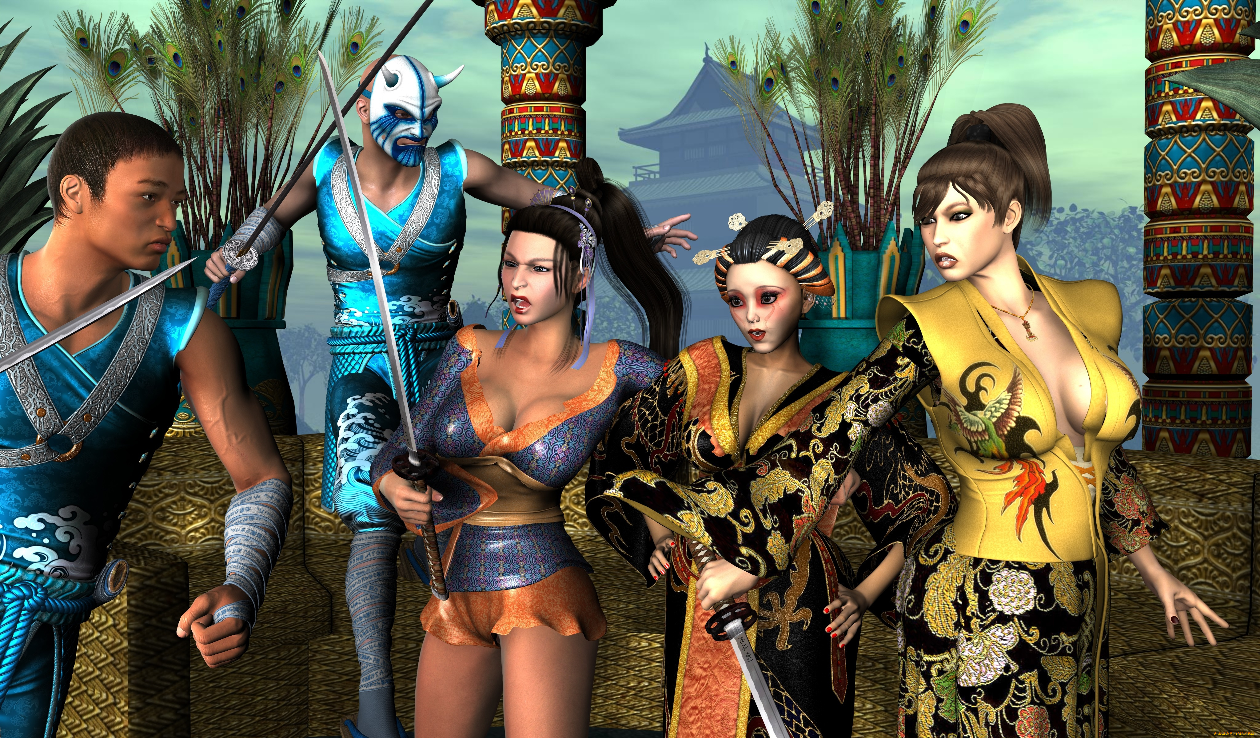 3д, графика, амазонки, , amazon, мужчины, девушки, оружие, растение, дома