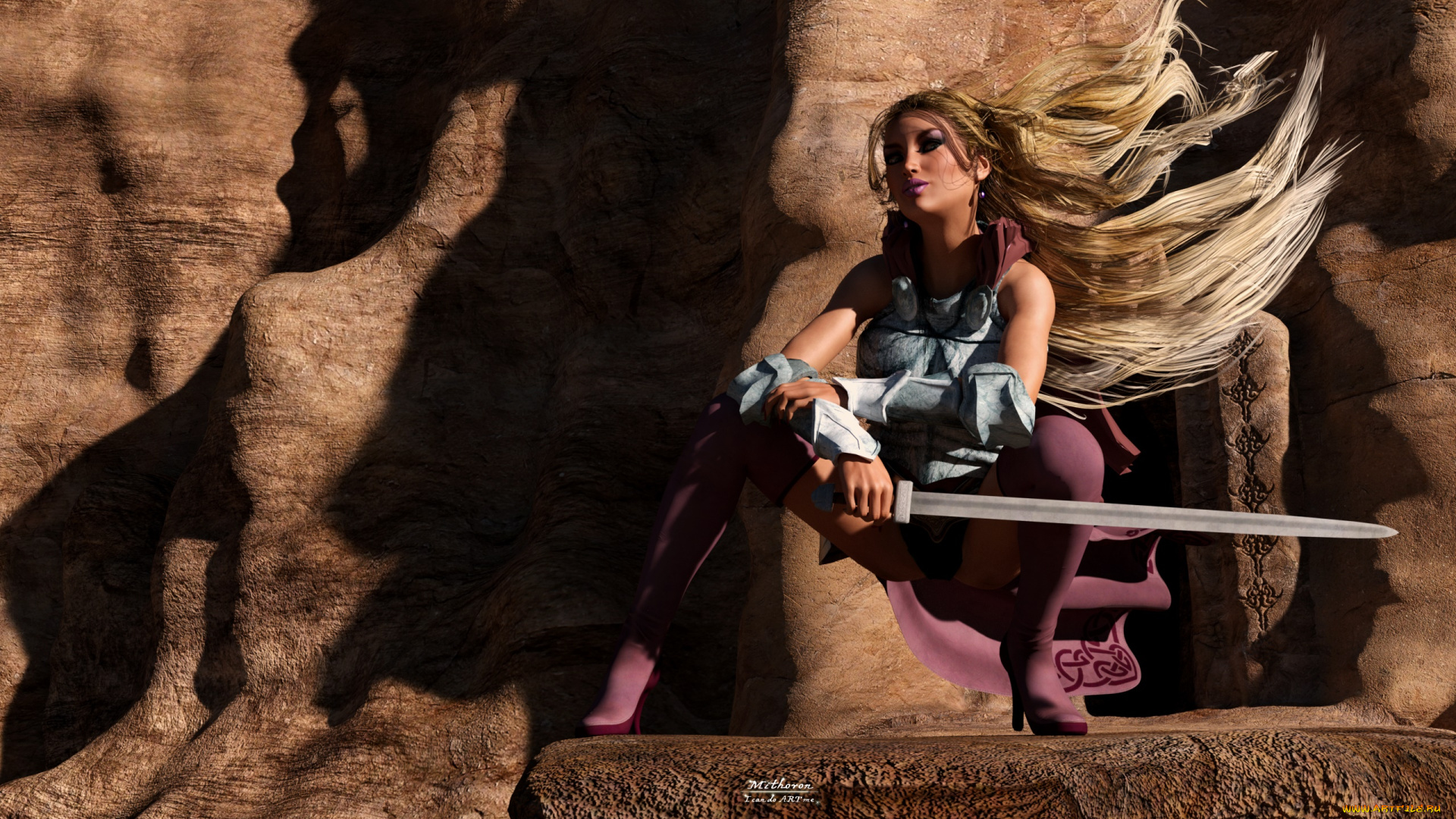 3д, графика, фантазия, , fantasy, взгляд, девушка, оружие, фон