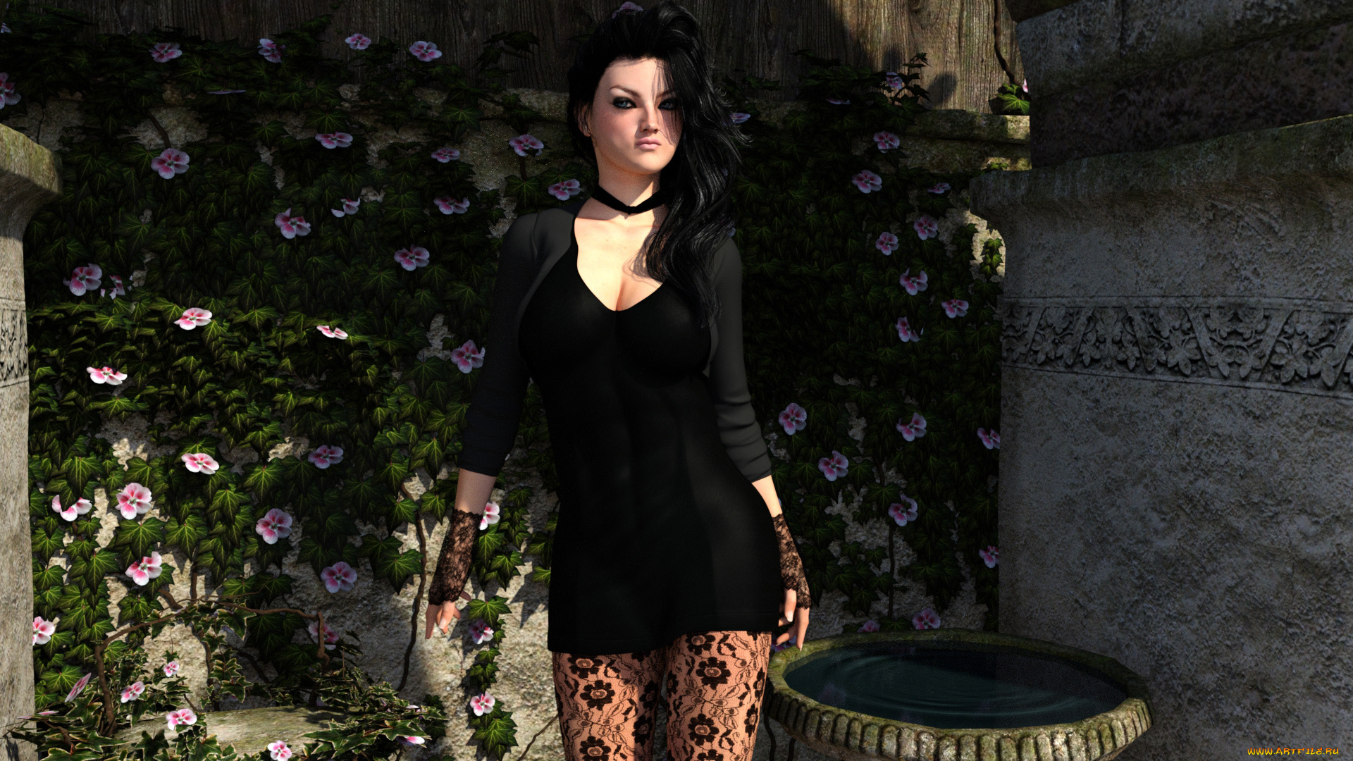 3д, графика, люди, , people, цветы, фон, взгляд, девушка