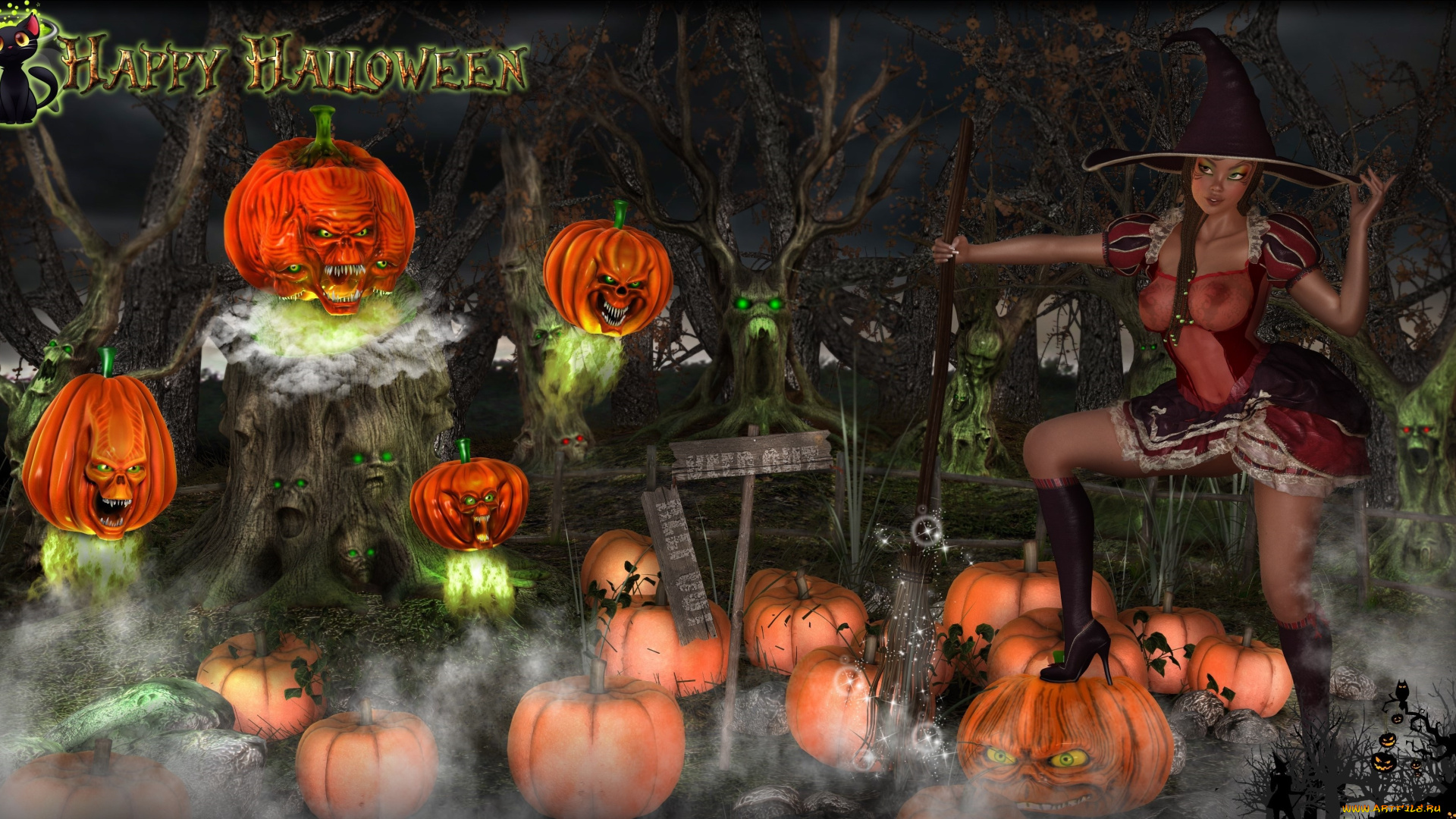 3д, графика, праздники, , holidays, тыквы, ведьма