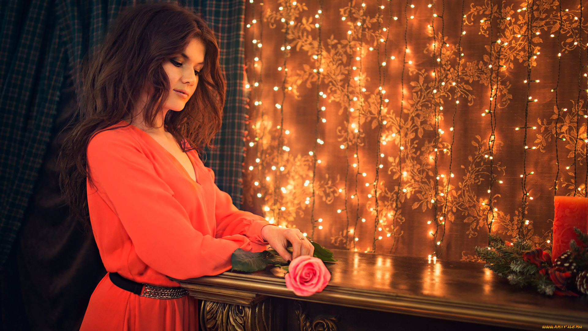 девушки, -unsort, , брюнетки, , шатенки, роза, фон, взгляд, девушка, гирлянды